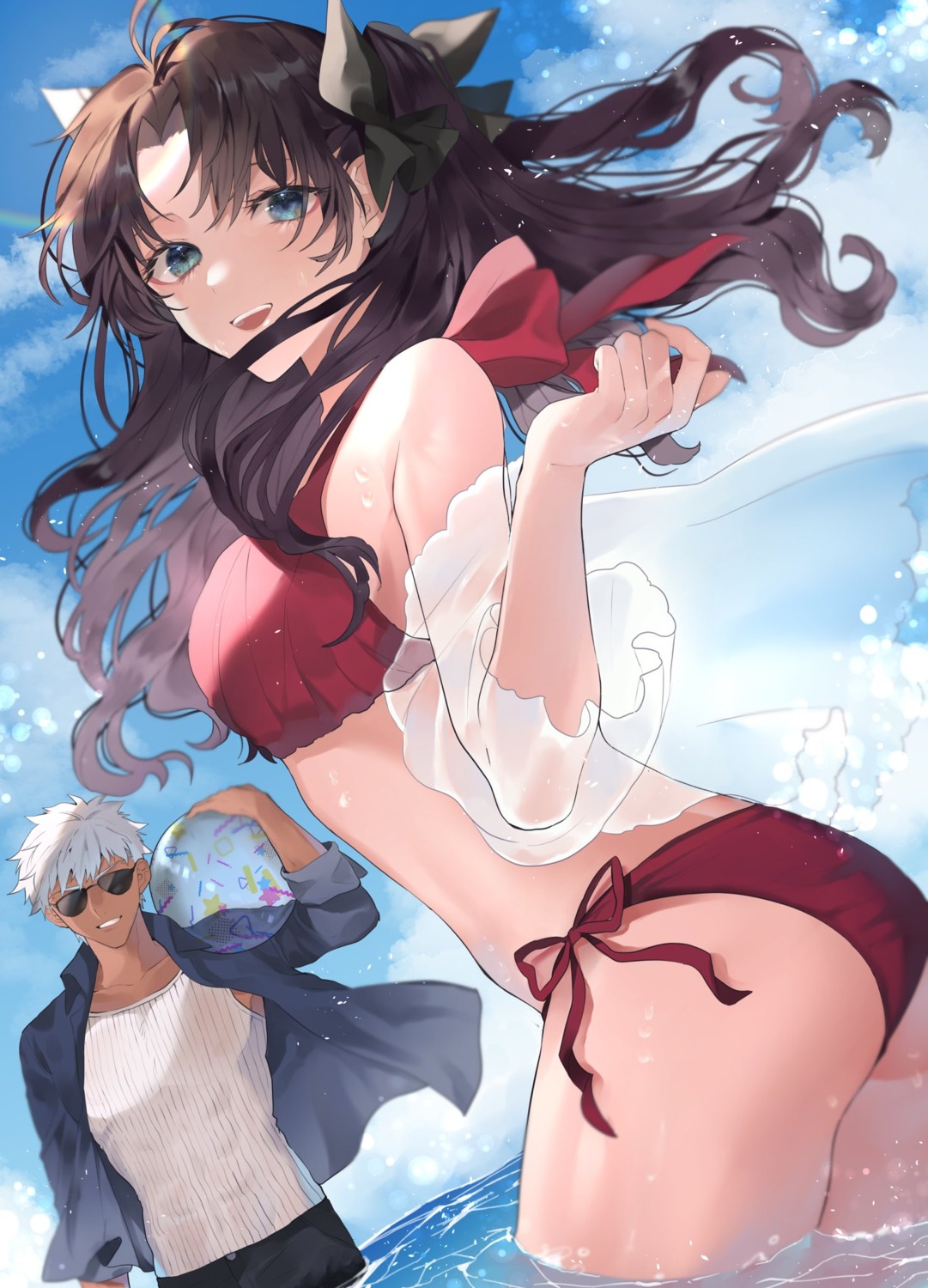 archer ass bikini fate/stay_night megane open_shirt see_through shimatori_(sanyyyy) swimsuits toosaka_rin wet