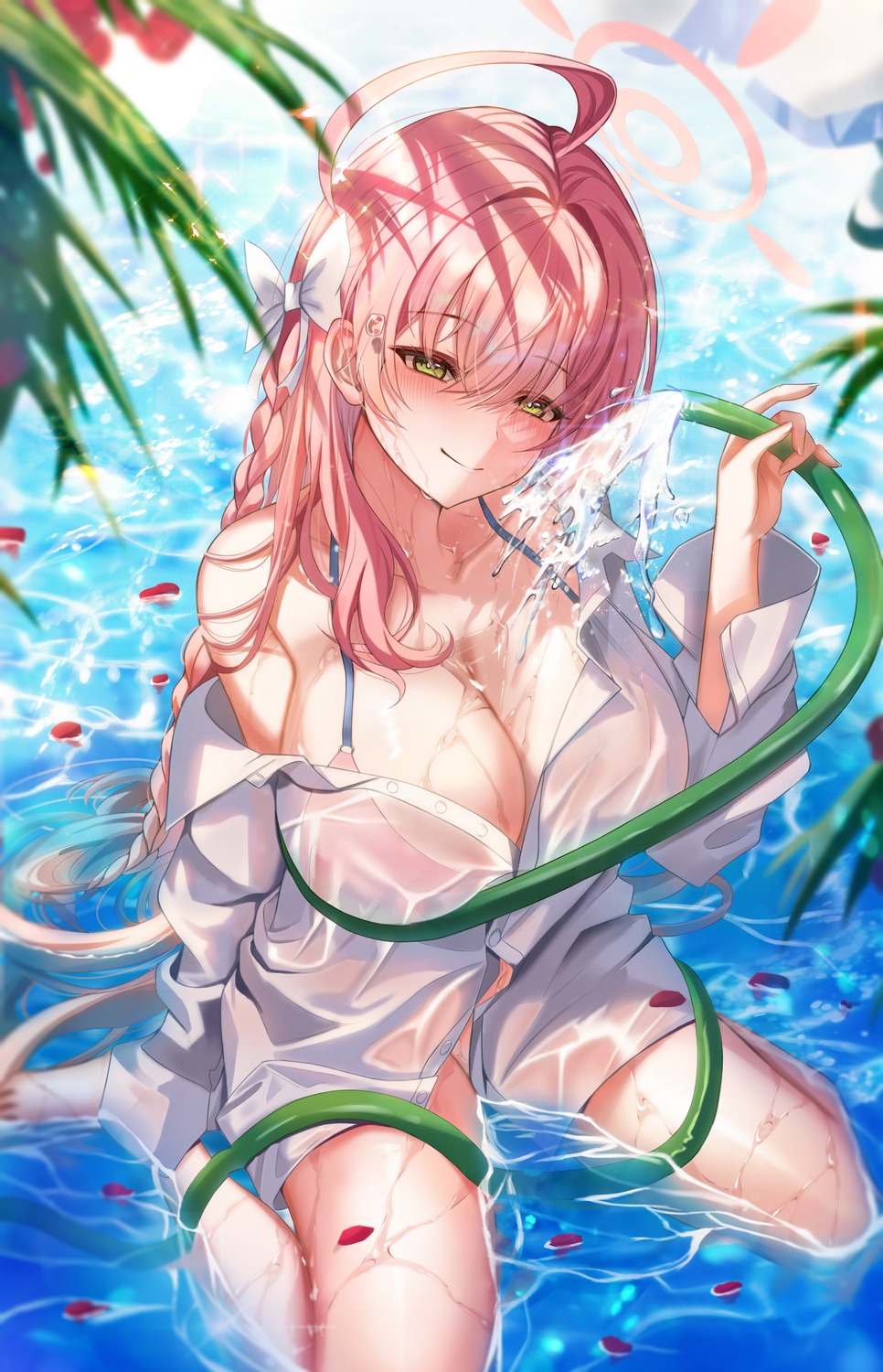 bikini_top blue_archive bottomless dress_shirt halo open_shirt see_through starlip swimsuits urawa_hanako wet_clothes