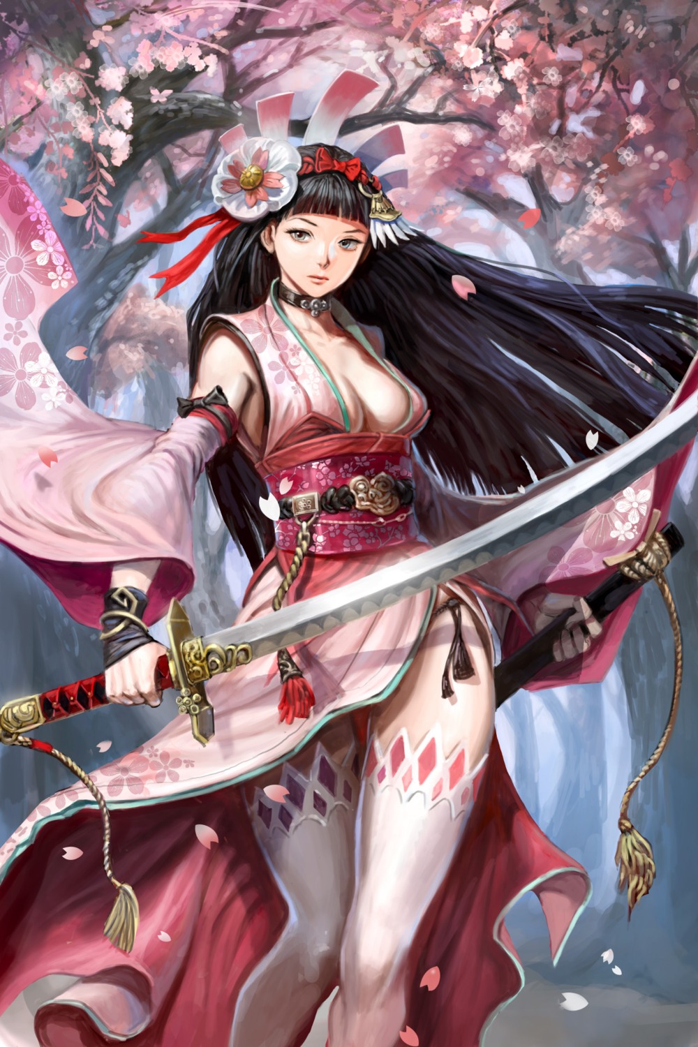 asian_clothes cleavage ggozira no_bra sword thighhighs