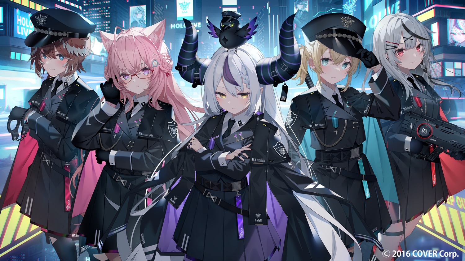 animal_ears crow_(la+_darknesss) garter gun hakui_koyori hololive horns ishihara_(kuniyoshi) kazama_iroha la+_darknesss megane pointy_ears sakamata_chloe sword takane_lui uniform wallpaper wings