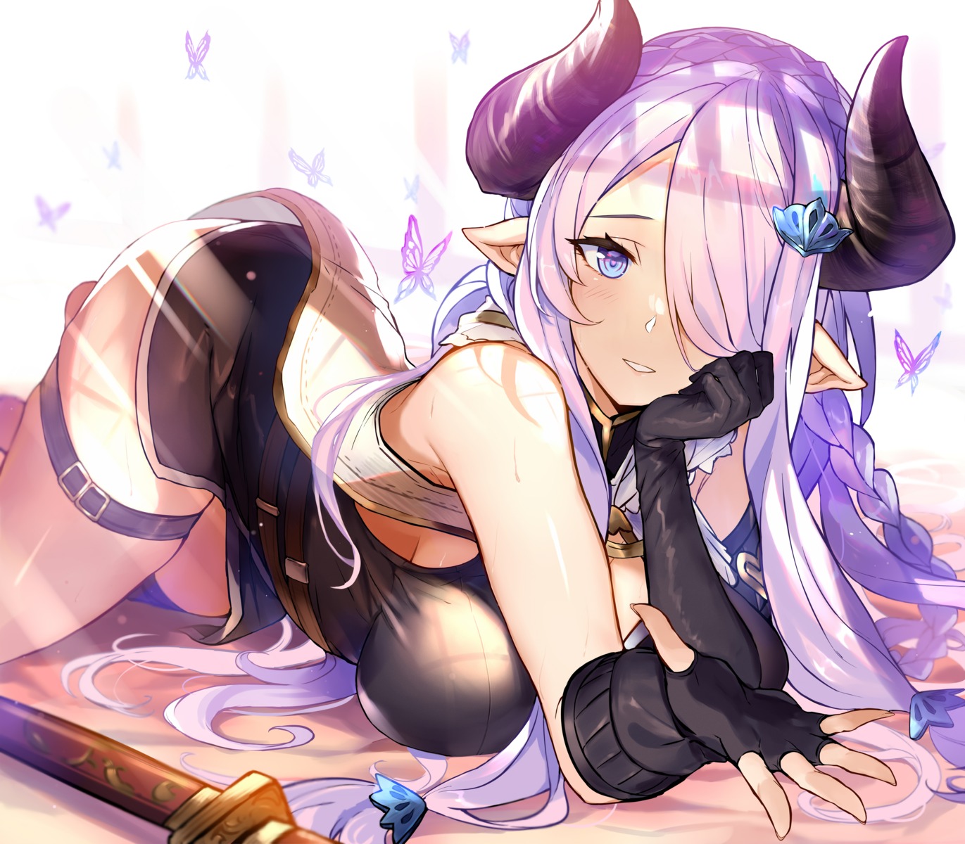 abusoru garter granblue_fantasy horns narumeia_(granblue_fantasy) pointy_ears sword