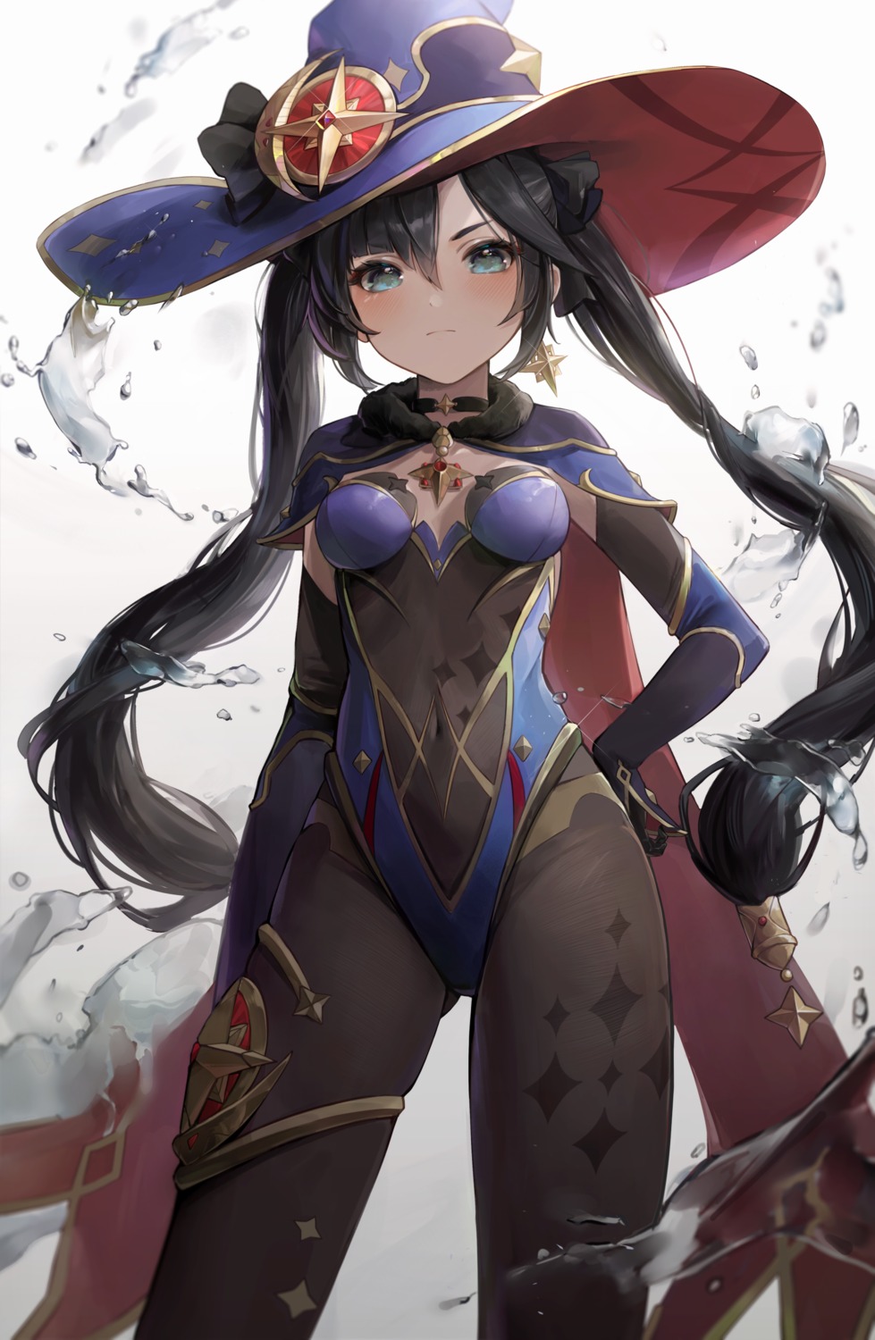 garter genshin_impact leotard lunia_(artist) mona_megistus no_bra pantyhose witch