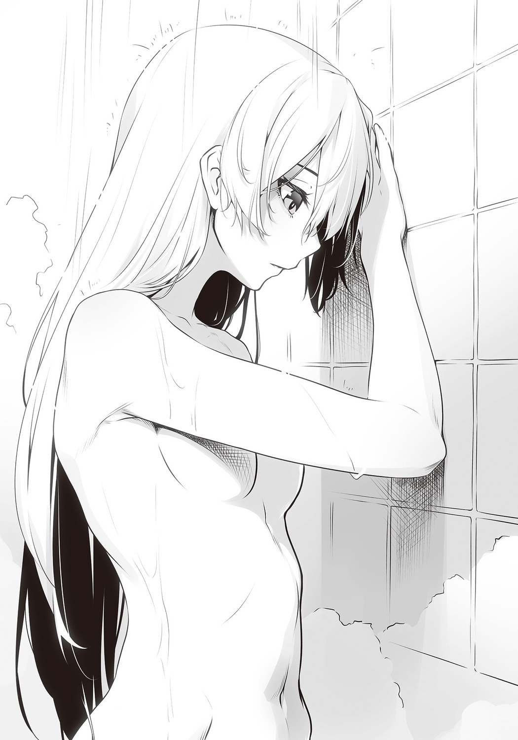 bathing menou_(shokei_shoujo) monochrome naked nilitsu shokei_shoujo_no_virgin_road wet