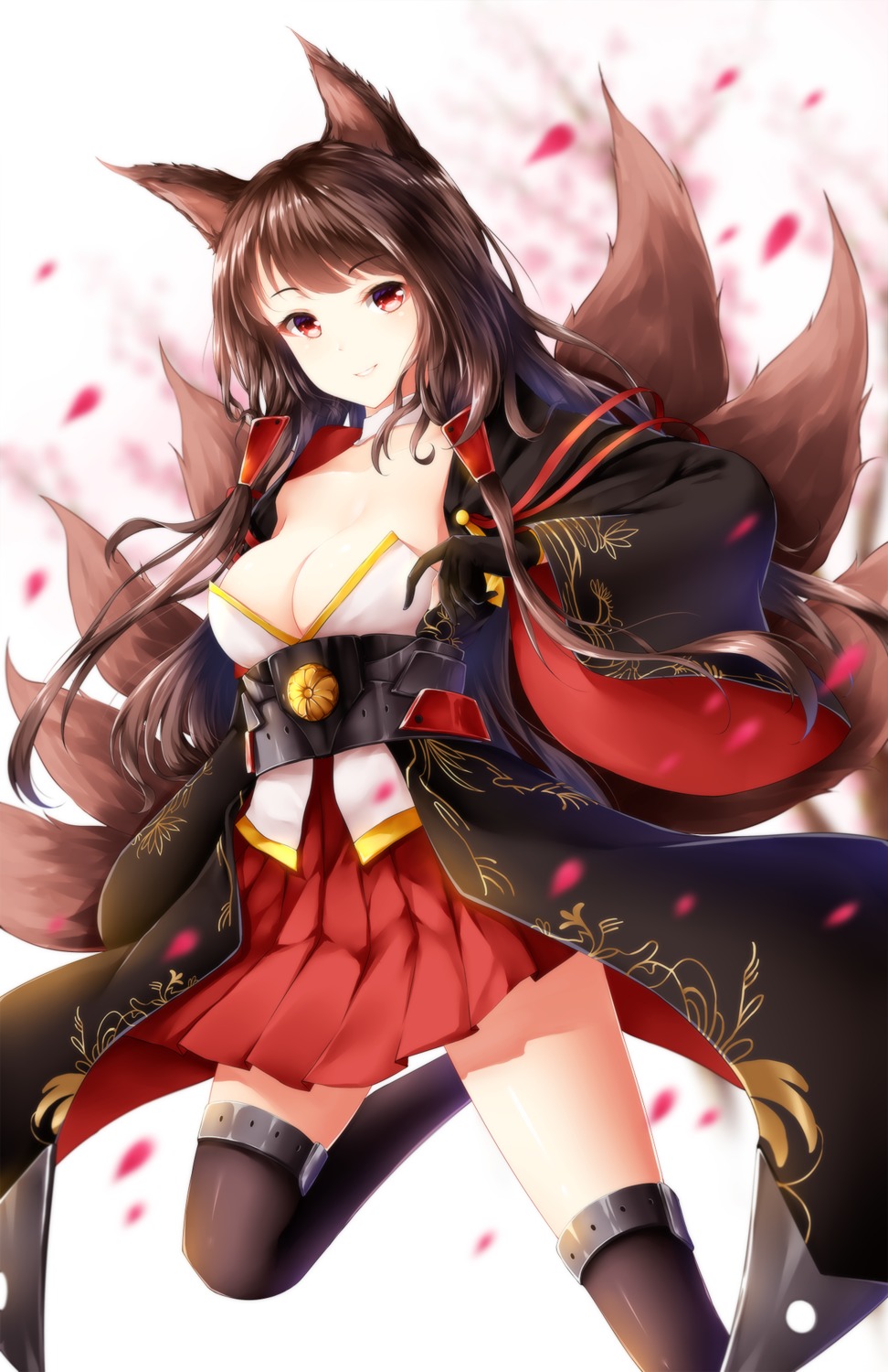 akagi_(azur_lane) animal_ears azur_lane cleavage japanese_clothes kitsune tail thighhighs wsman