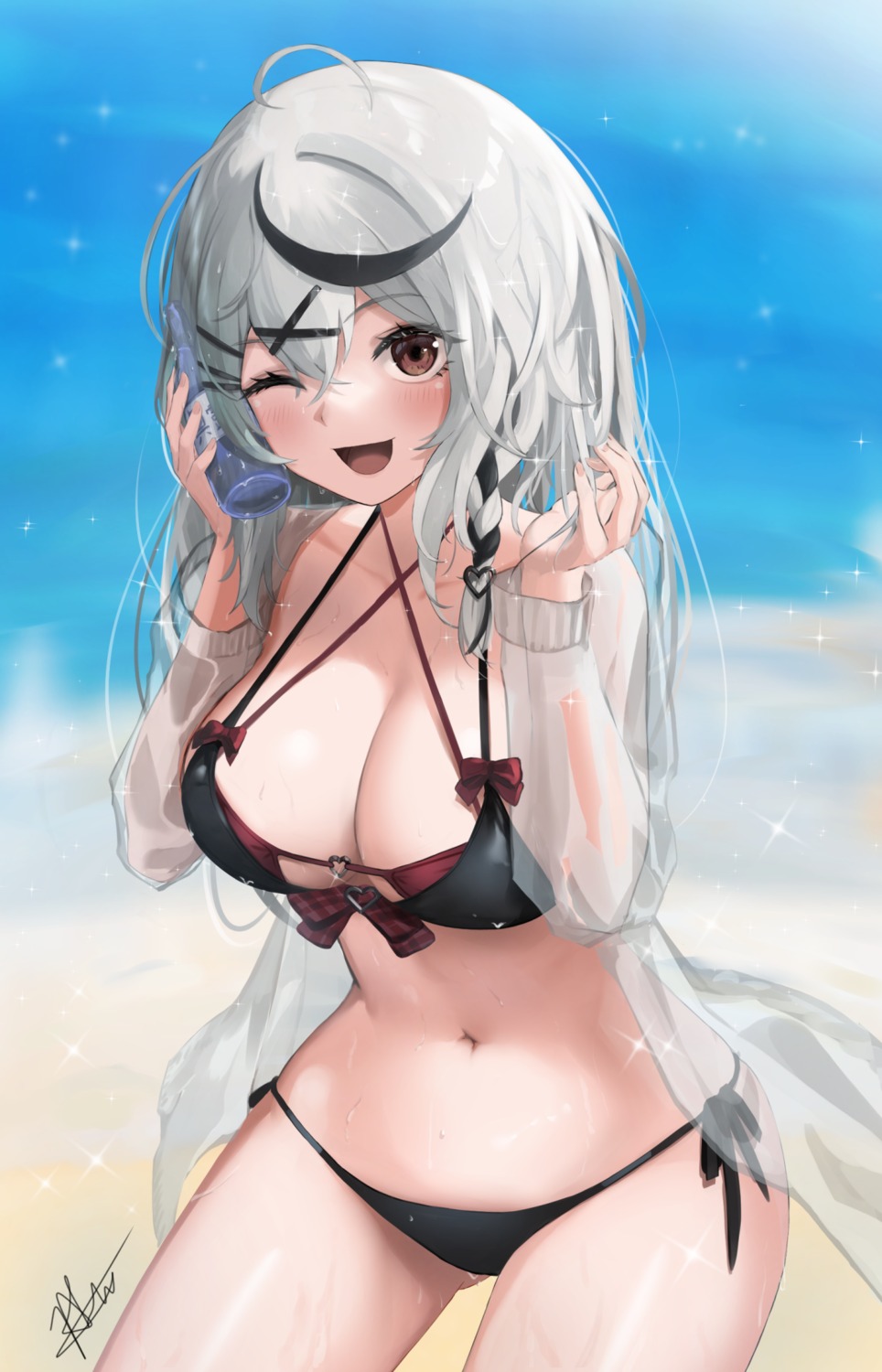 bikini chaciooh hololive open_shirt sakamata_chloe see_through swimsuits wet