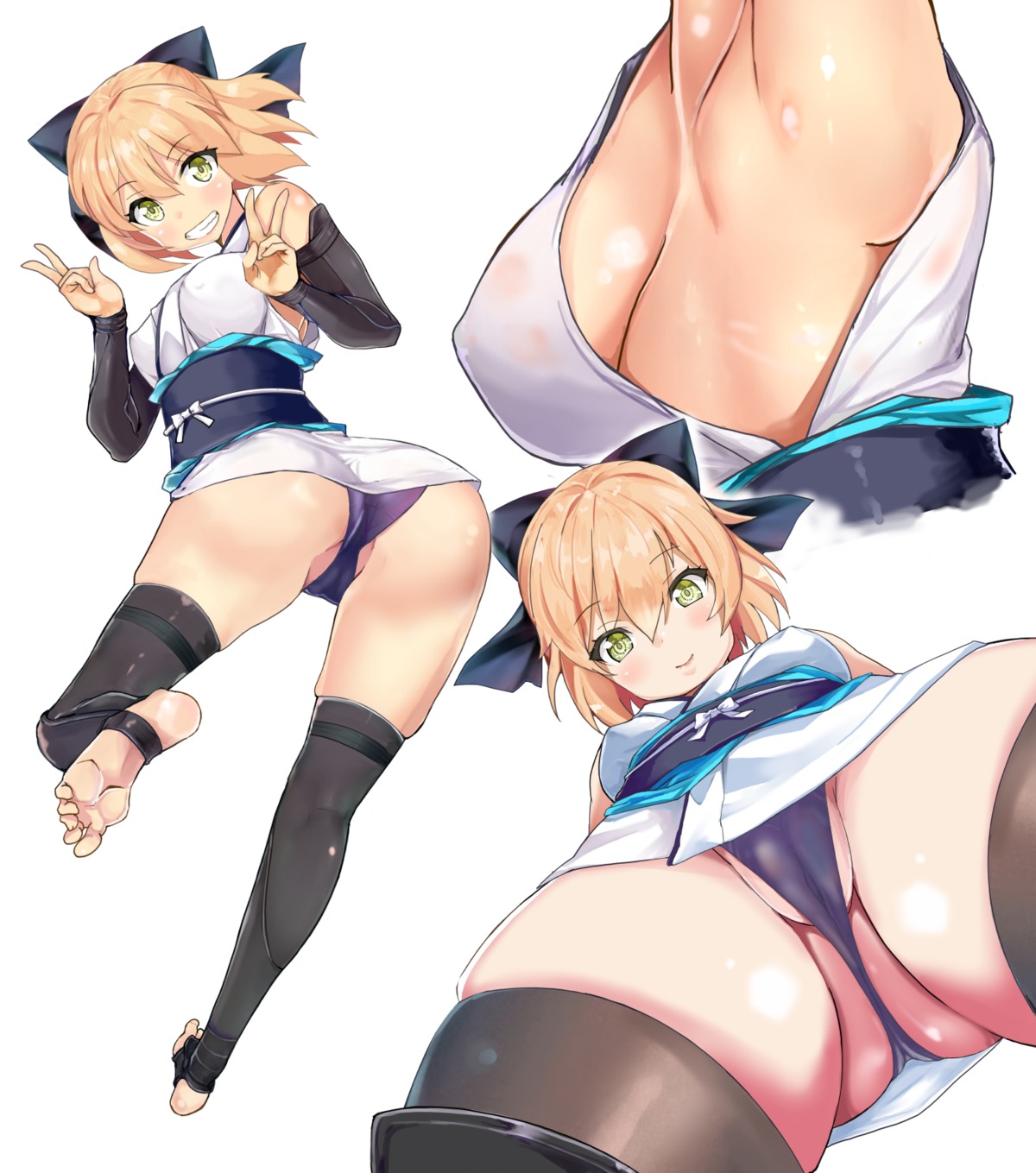 ass cameltoe denden_taiko erect_nipples fate/grand_order feet japanese_clothes no_bra okita_souji_(fate) pantsu thighhighs