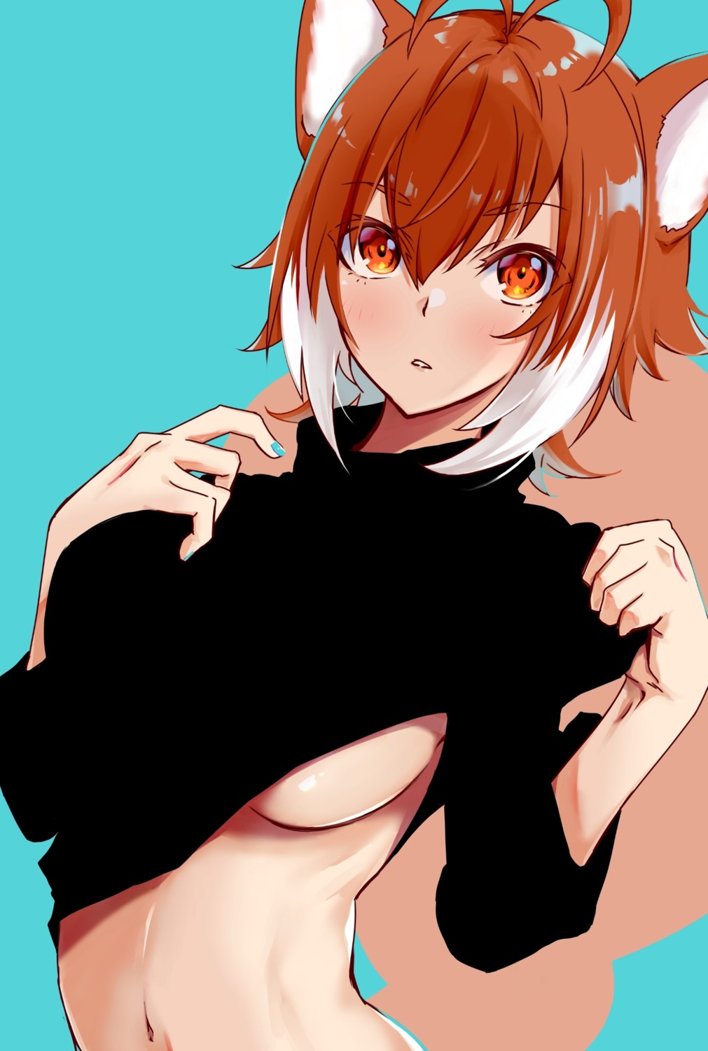 animal_ears blazblue blazblue:_calamity_trigger blazblue:_chronophantasma blazblue:_continuum_shift chukachuka makoto_nanaya no_bra shirt_lift sweater tail undressing