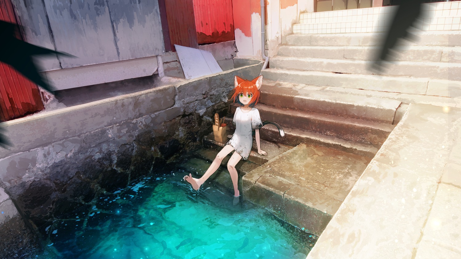 animal_ears kareido_(kaleidoscope) nekomimi tail torn_clothes wet