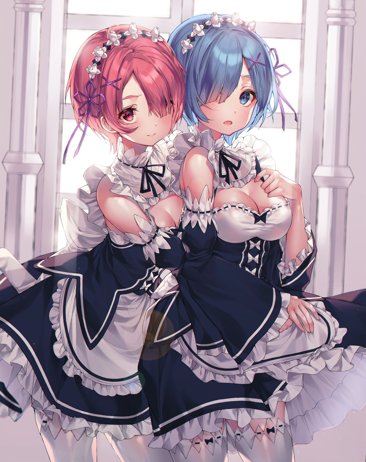 cleavage kinty maid ram_(re_zero) re_zero_kara_hajimeru_isekai_seikatsu rem_(re_zero) thighhighs