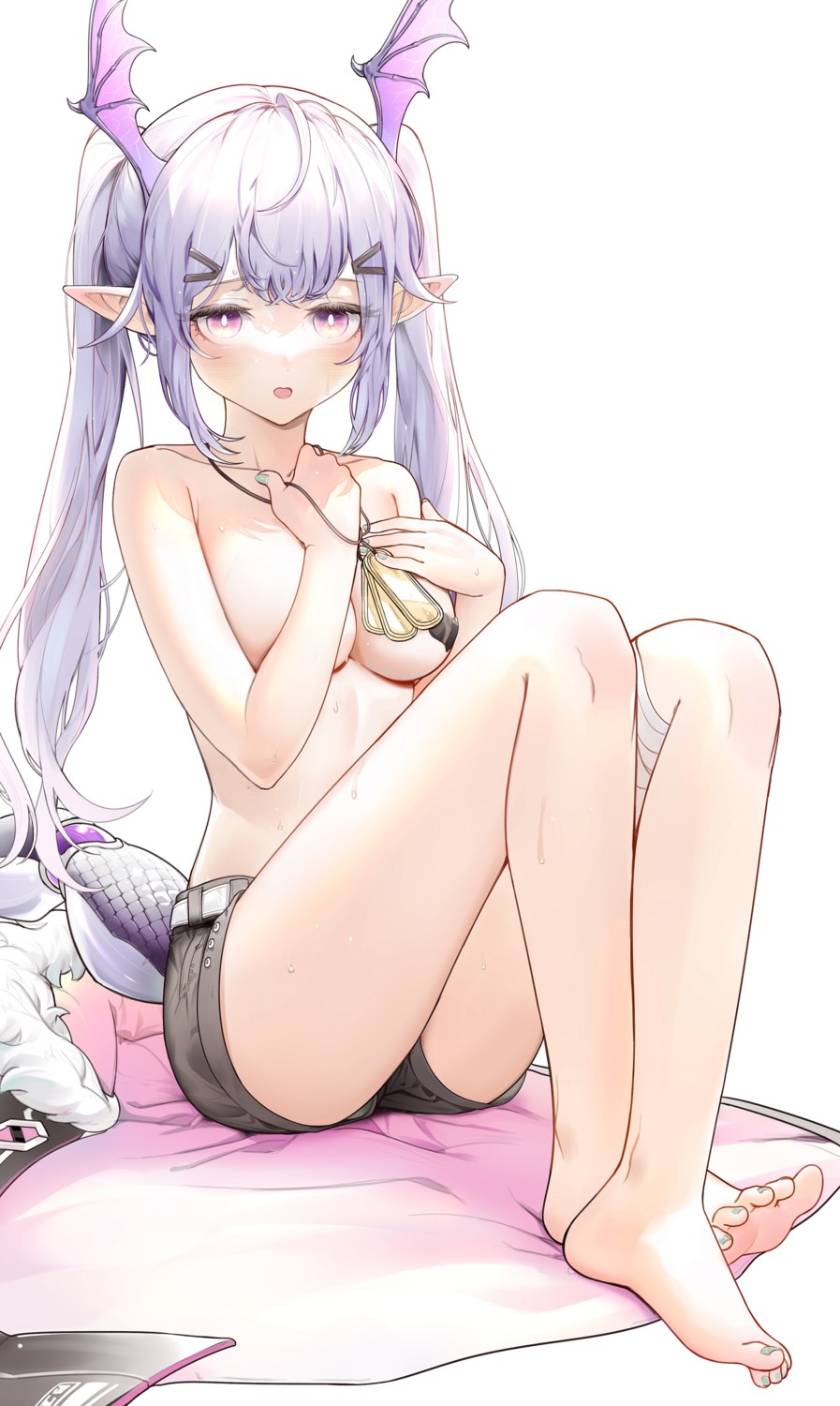 arknights breast_hold dpea9 feet manticore_(arknights) pasties pointy_ears tail topless wet wings