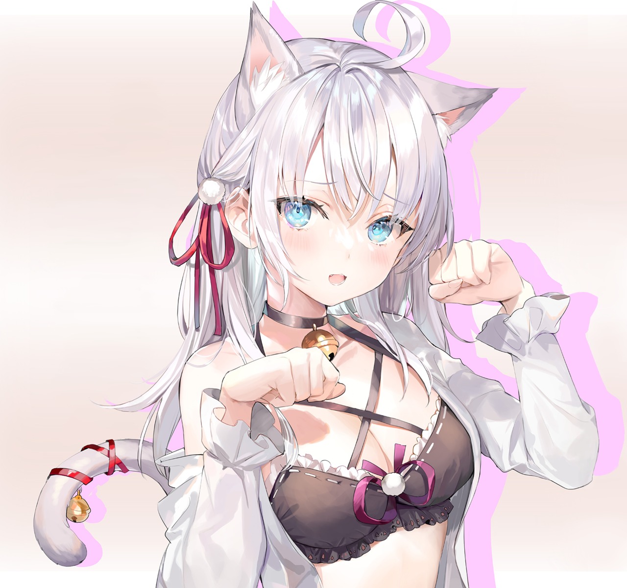 alisa_mikhailovna_kujou animal_ears bra cleavage detexted momoko_(momopoco) nekomimi open_shirt photoshop tail tokidoki_bosotto_roshia-go_de_dereru_tonari_no_alya-san