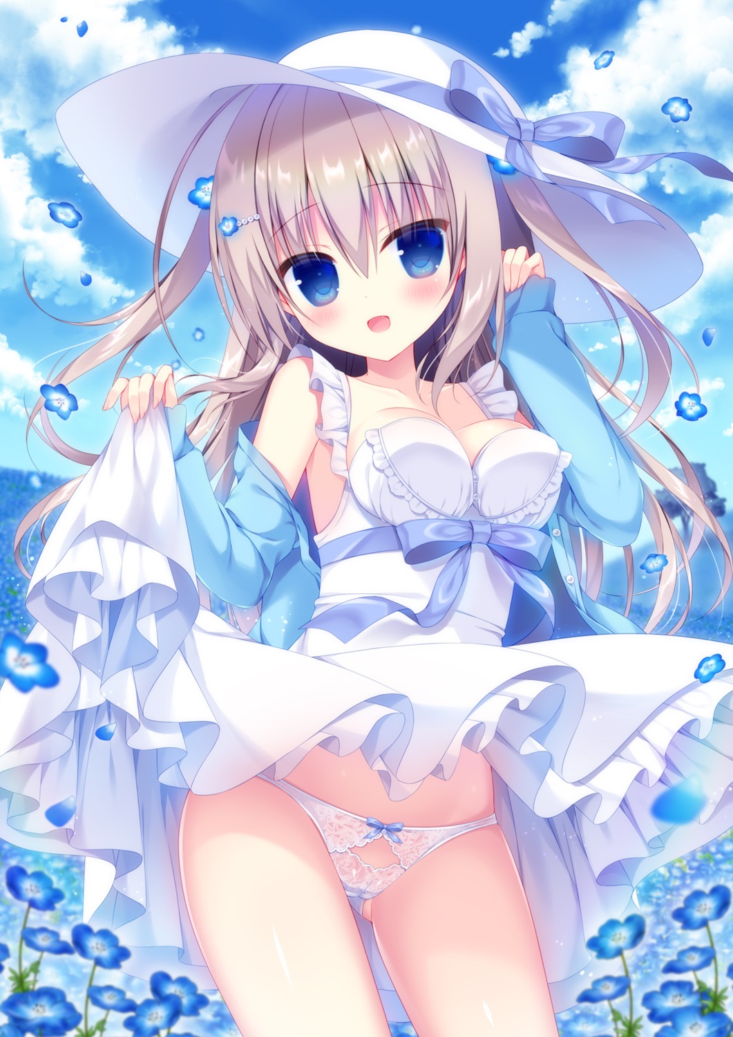 cameltoe cleavage dress hasune open_shirt pantsu skirt_lift summer_dress