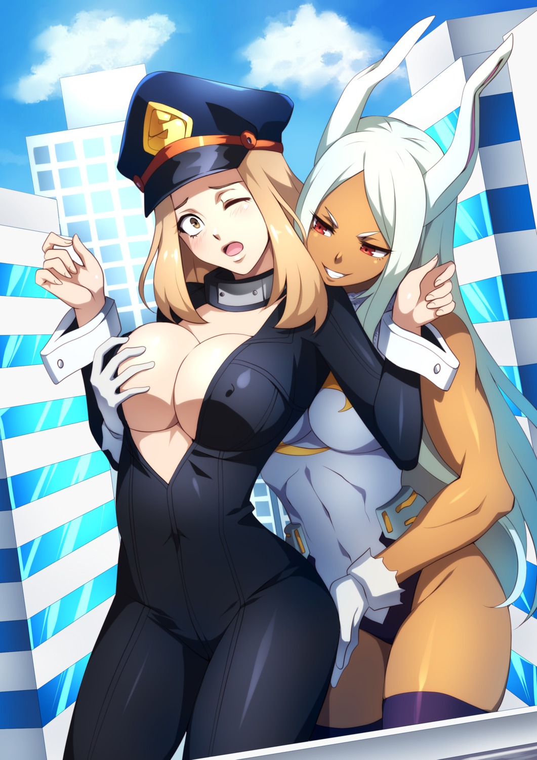 animal_ears balasdan bodysuit boku_no_hero_academia breast_grab bunny_ears bunny_girl erect_nipples no_bra open_shirt thighhighs usagiyama_rumi utsushimi_kemii yuri