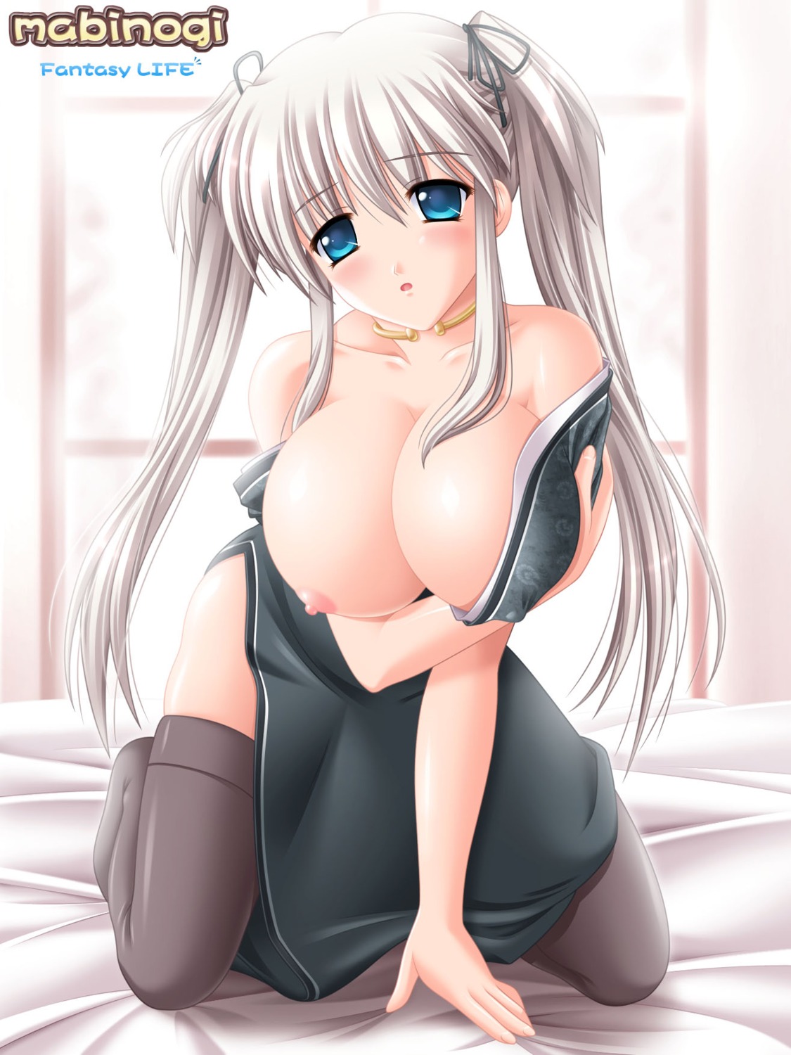 breast_hold breasts erect_nipples kafu mabinogi nao nipples open_shirt thighhighs