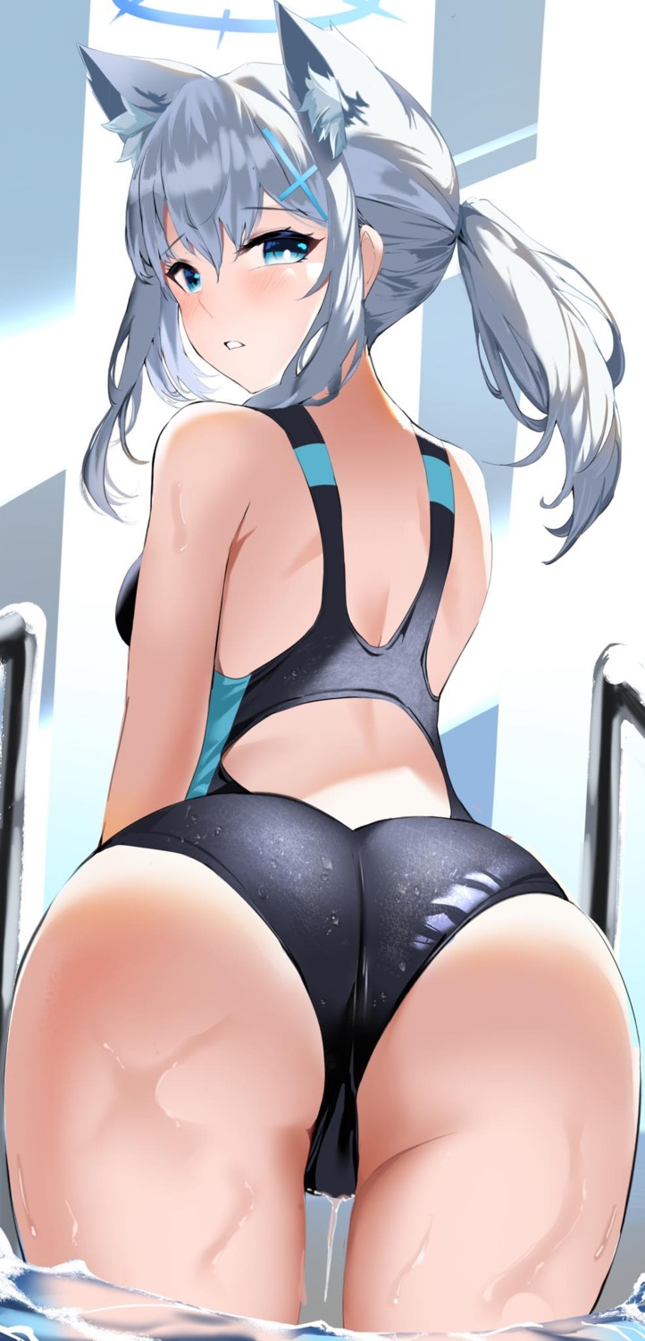 animal_ears ass blue_archive halo nekomimi shiben_(ugvu5784) sunaookami_shiroko swimsuits wet