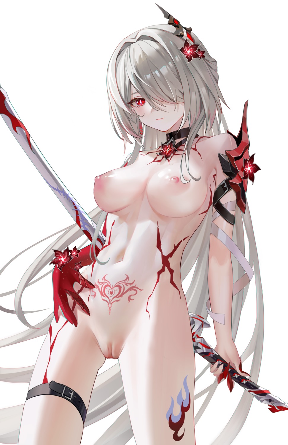 acheron armor blhazx censored garter honkai:_star_rail naked nipples pussy sword tattoo