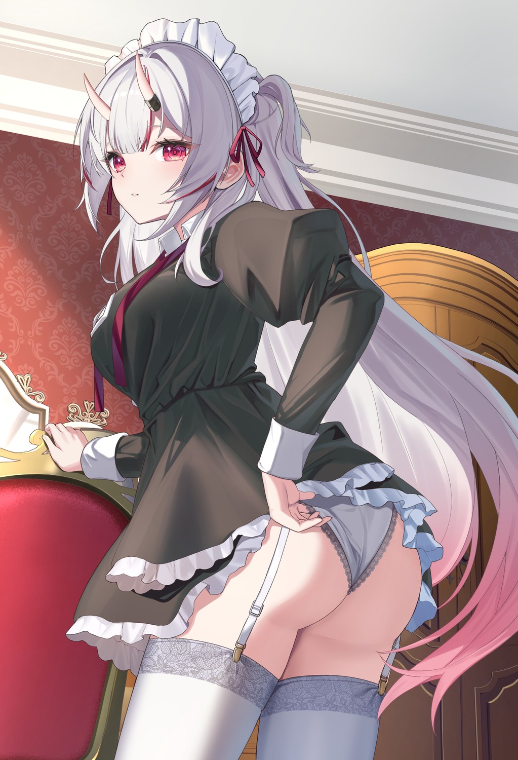 ass hitachi_sou hololive horns maid nakiri_ayame pantsu skirt_lift stockings thighhighs