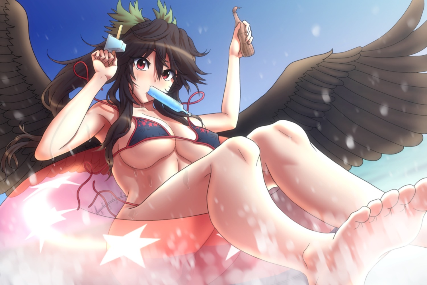 bikini cleavage erect_nipples reiuji_utsuho swimsuits touhou underboob wardrobe_malfunction wet wings