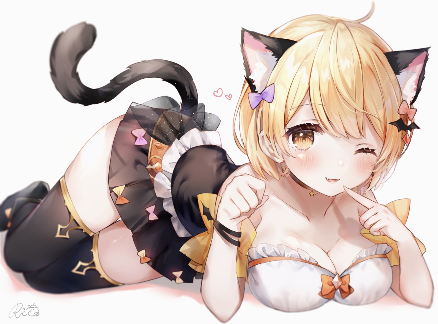 animal_ears cleavage halloween hololive nekomimi no_bra rukako tail thighhighs yozora_mel