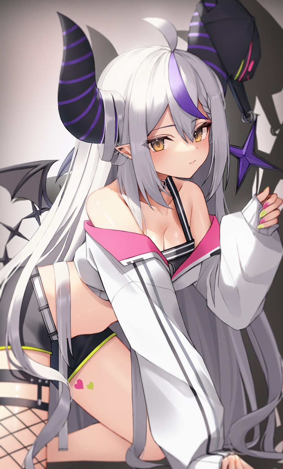 cleavage fishnets garter hololive horns la+_darknesss pointy_ears stockings tail tattoo thighhighs thomas_8000
