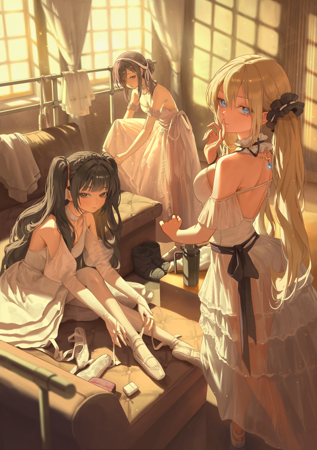 asha_(bangsom) bangsom dress maya_(bangsom) no_bra nora_(bangsom) pantyhose see_through skirt_lift undressing