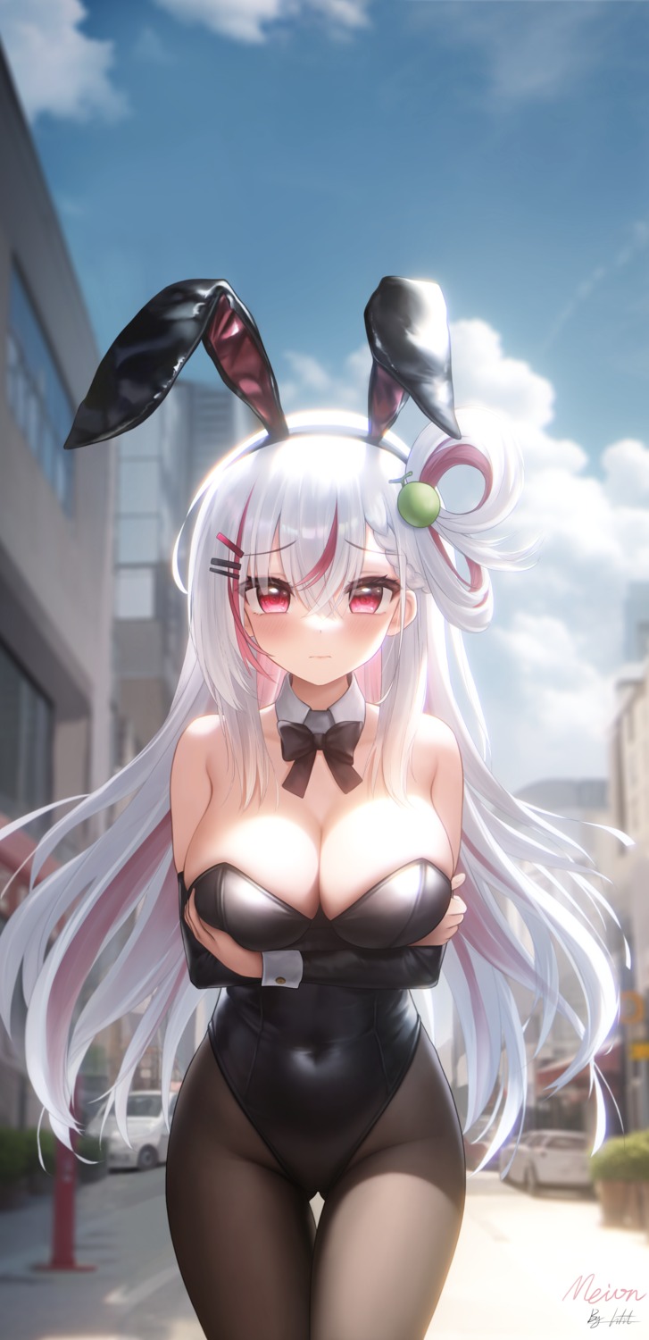 animal_ears breast_hold bunny_ears bunny_girl indie_virtual_youtuber liht meion_(vtuber) no_bra pantyhose