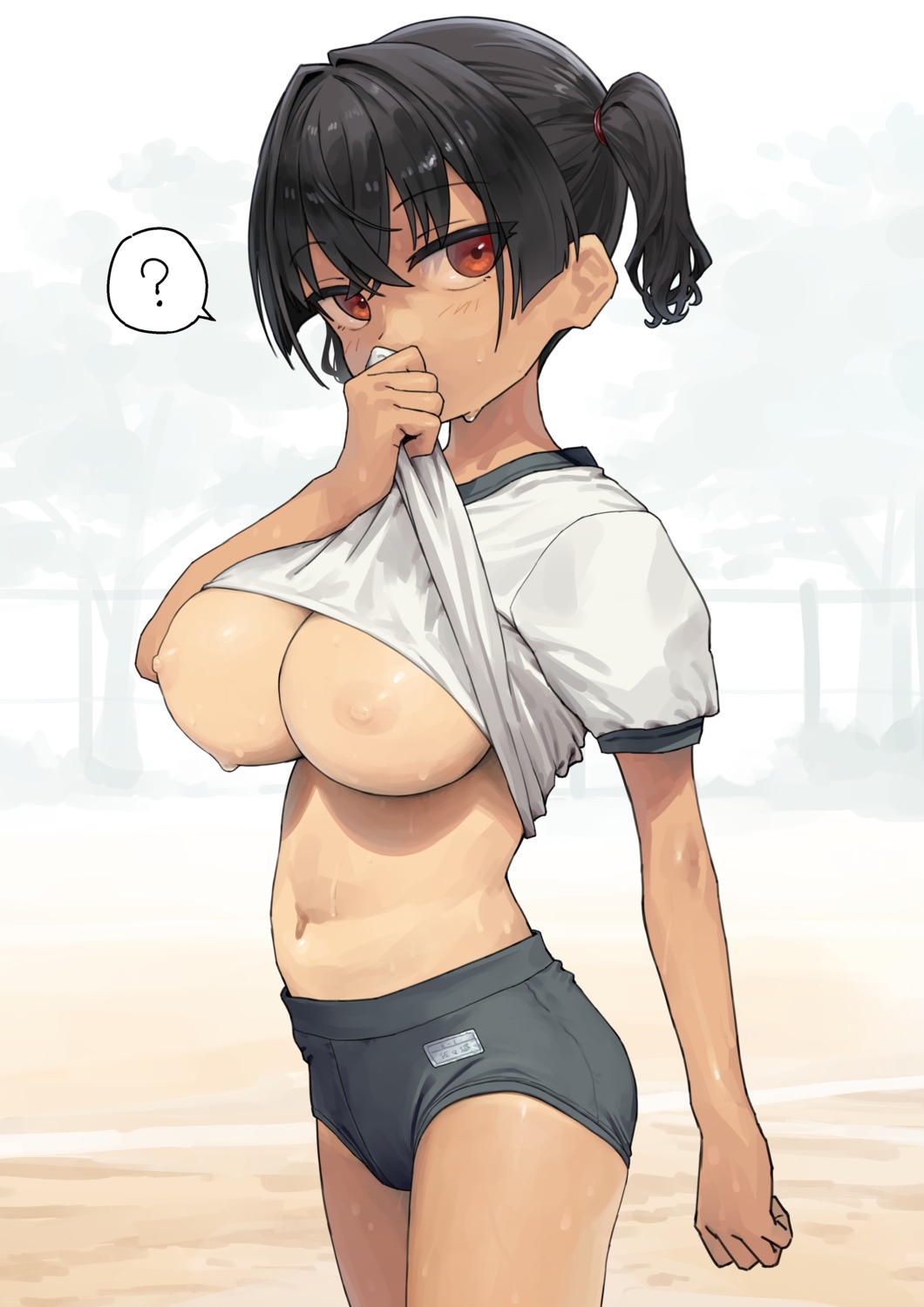 breasts buruma gaki_kyonyuu gym_uniform kaedeko_(kaedelic) nipples no_bra sasaki_kanna shirt_lift tan_lines undressing wet