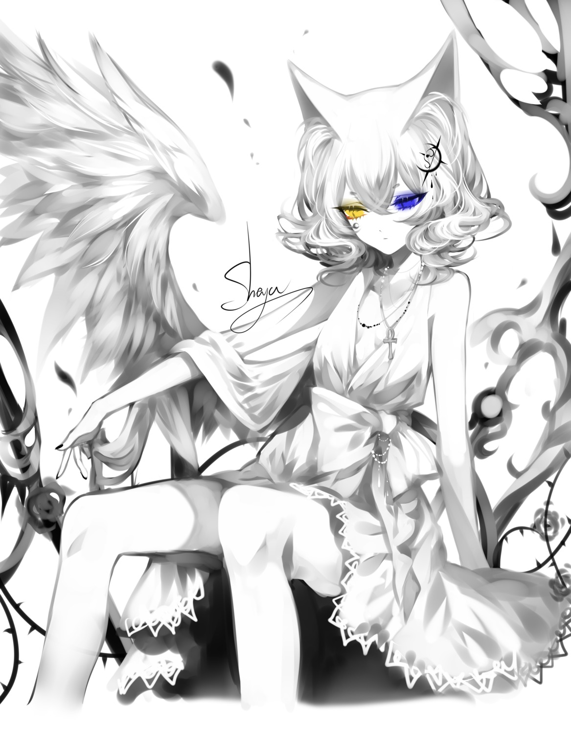 animal_ears cleavage dress heterochromia no_bra sheya wings