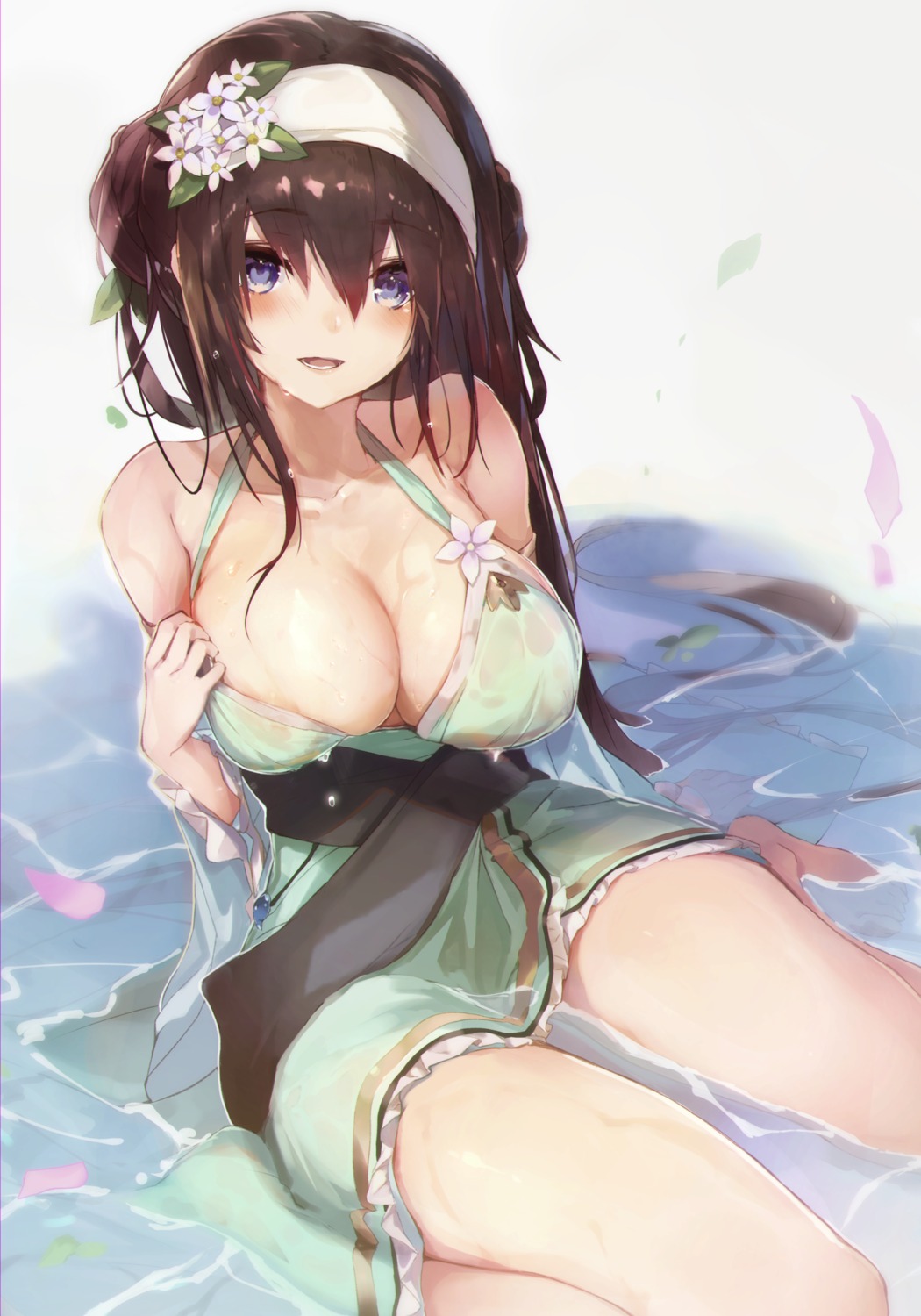 areola cruel_gz japanese_clothes no_bra open_shirt see_through sennen_sensou_aigis undressing wet wet_clothes