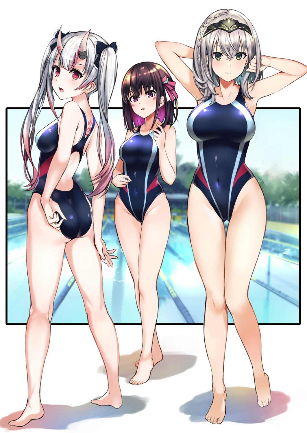 ass azki_(hololive) cameltoe hololive horns nakiri_ayame pukara shirogane_noel swimsuits tattoo