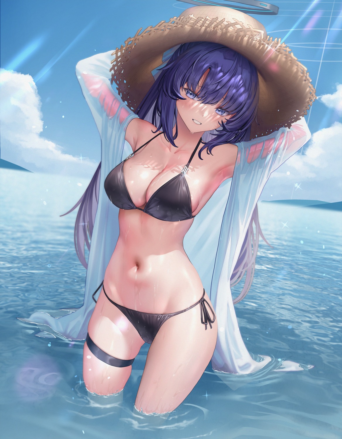 bikini blue_archive garter halo hayase_yuuka lp open_shirt see_through swimsuits wet wet_clothes