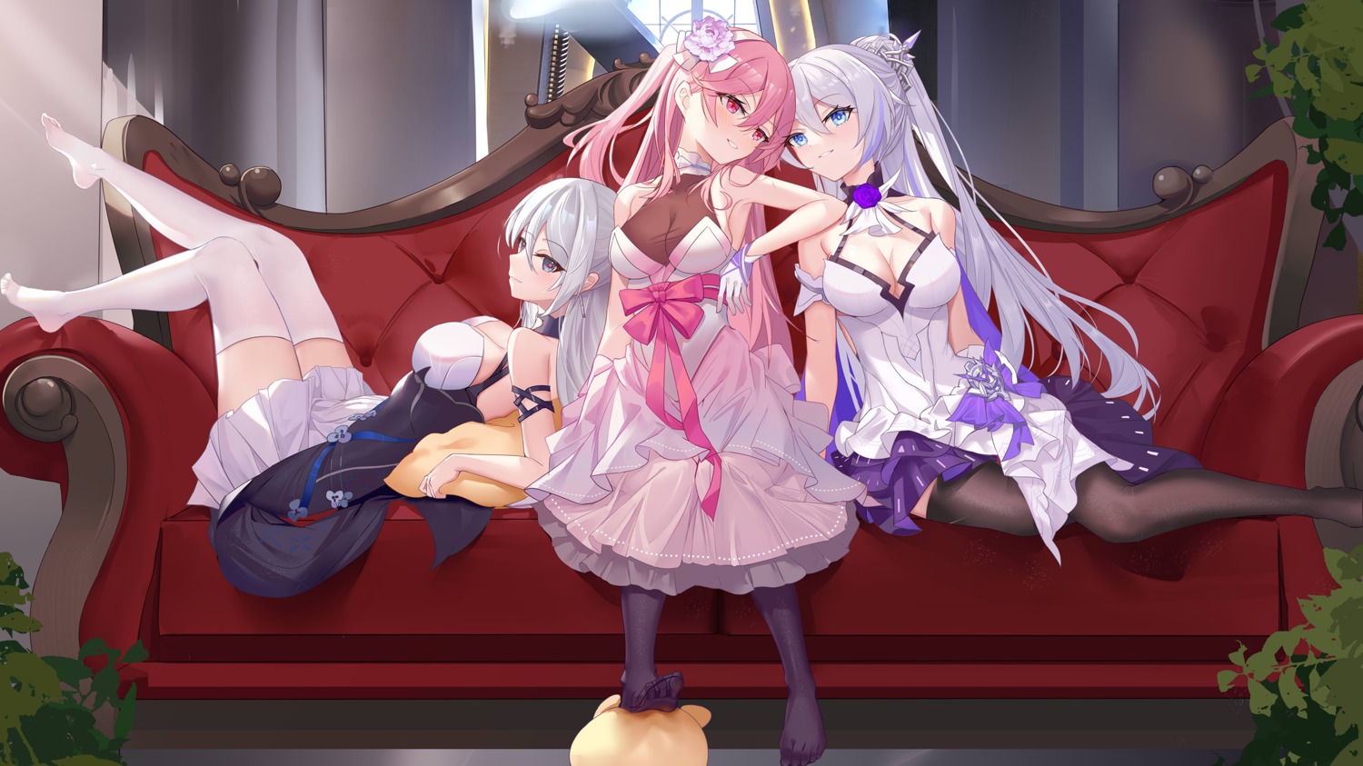 benghuai_xueyuan bronya_zaychik cleavage dress honkai_impact kiana_kaslana no_bra see_through skirt_lift thighhighs zhongwu_chahui