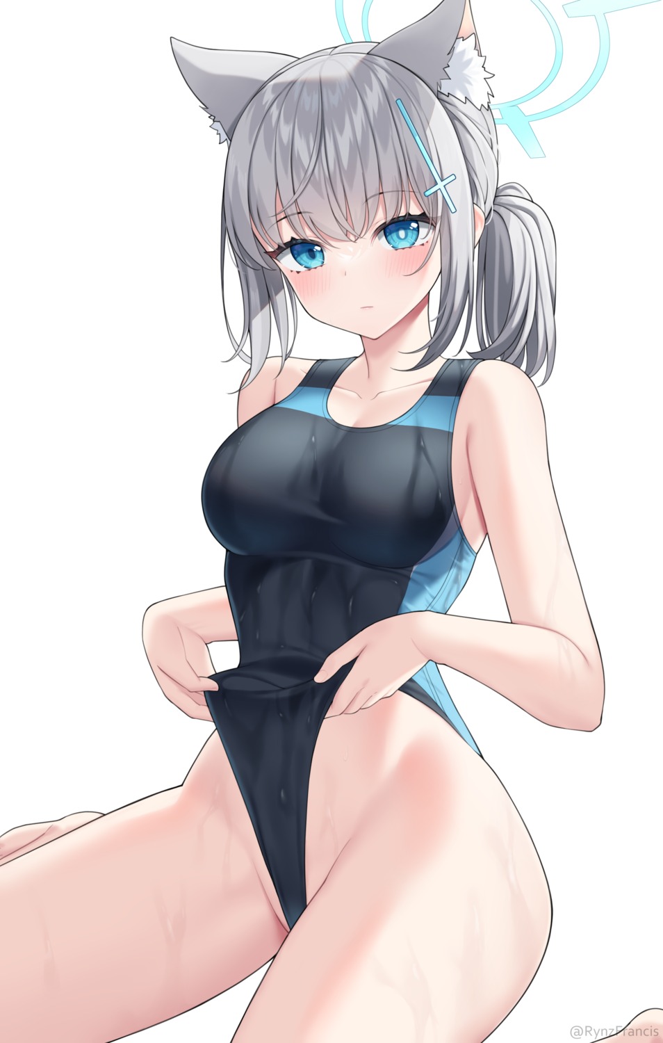 animal_ears blue_archive halo nekomimi rynzfrancis sunaookami_shiroko swimsuits wet