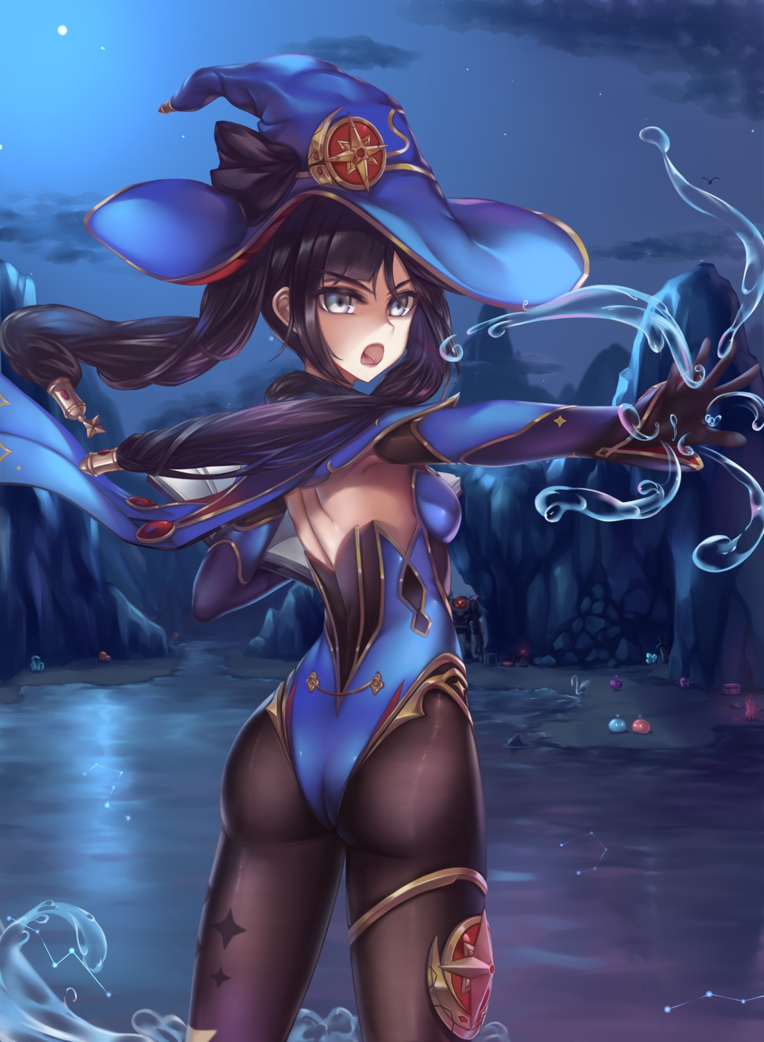 ass garter genshin_impact lanse_dai_mao leotard mona_megistus no_bra pantyhose witch