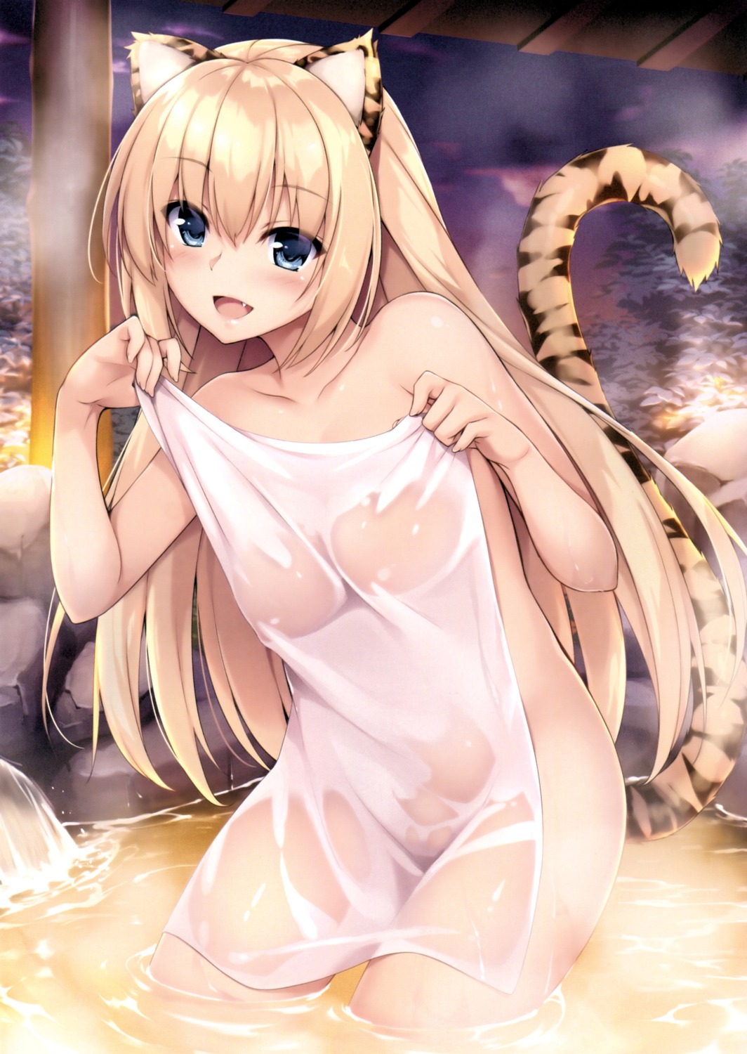 akizora_momiji animal_ears naked onsen see_through tail towel wet