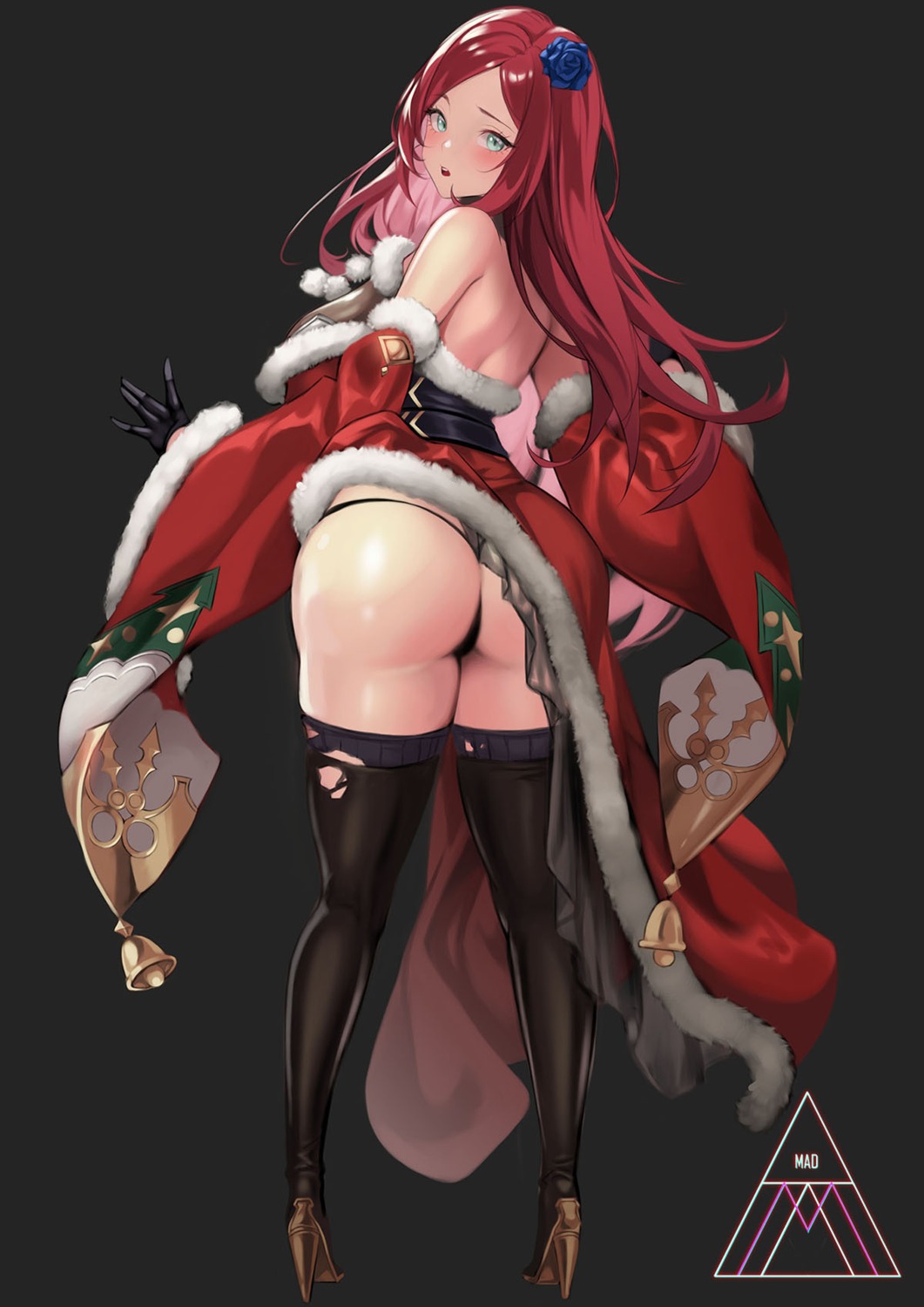 ass christmas heels jpeg_artifacts mad_kimo pantsu skirt_lift thighhighs thong torn_clothes