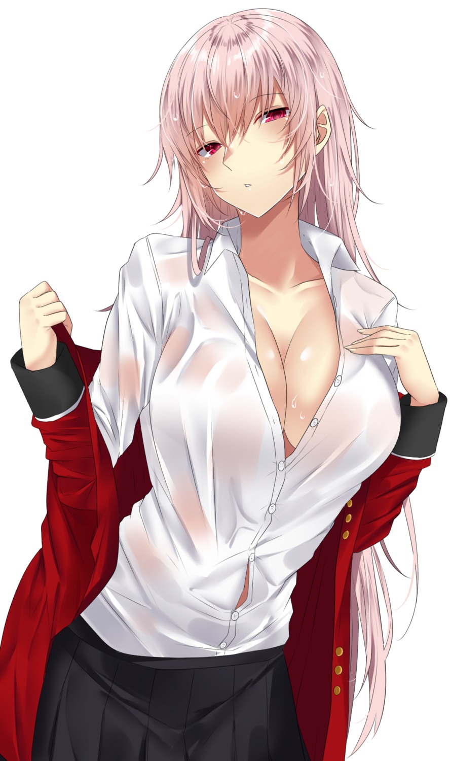 breast_hold cleavage fate/grand_order florence_nightingale_(fate) no_bra onineko-chan open_shirt see_through undressing uniform wet