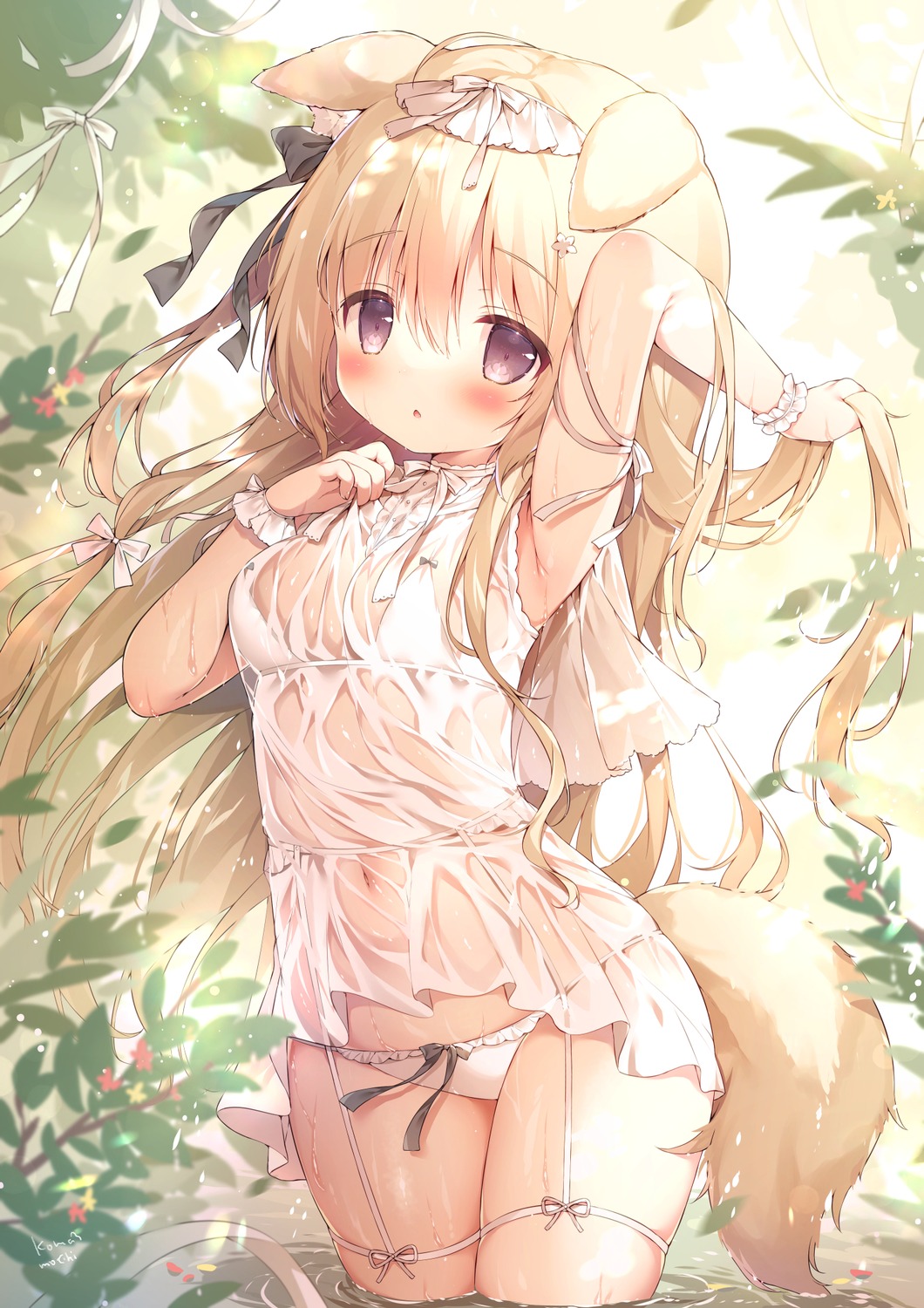 animal_ears bra garter garter_belt loli momozu_komamochi pantsu see_through tail wet wet_clothes