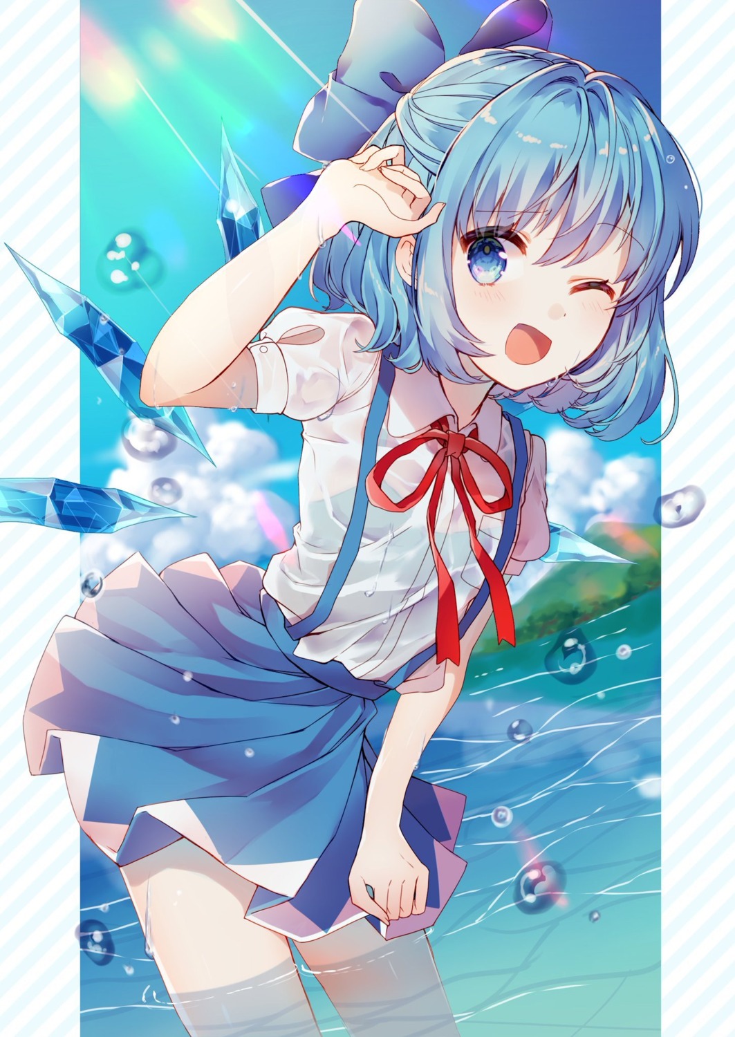 bra cirno kawachi_rin see_through touhou wet wet_clothes wings