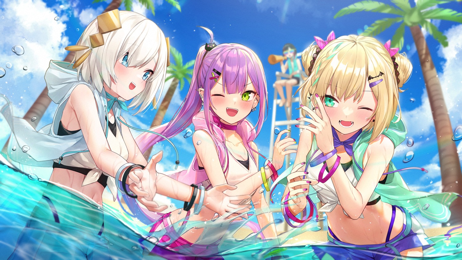 ars_almal bikini cleavage cr_uruca crazy_raccoon hololive iris_black_games kurumi_noah mr.lime nijisanji pointy_ears swimsuits tokoyami_towa vspo! wallpaper wet