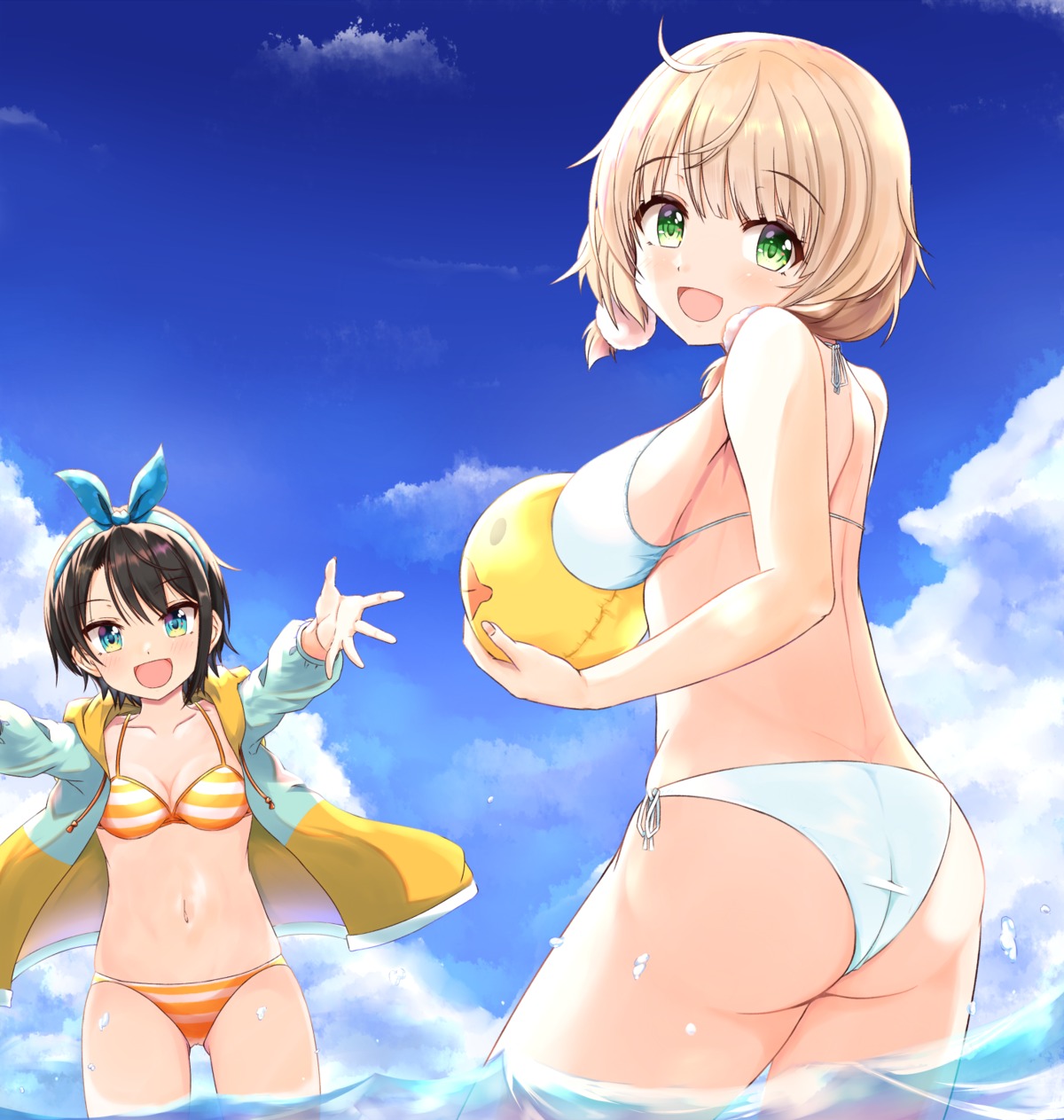 ass bikini cleavage crossover hololive indie_virtual_youtuber konsune oozora_subaru open_shirt shigure_ui_(vtuber) swimsuits wet