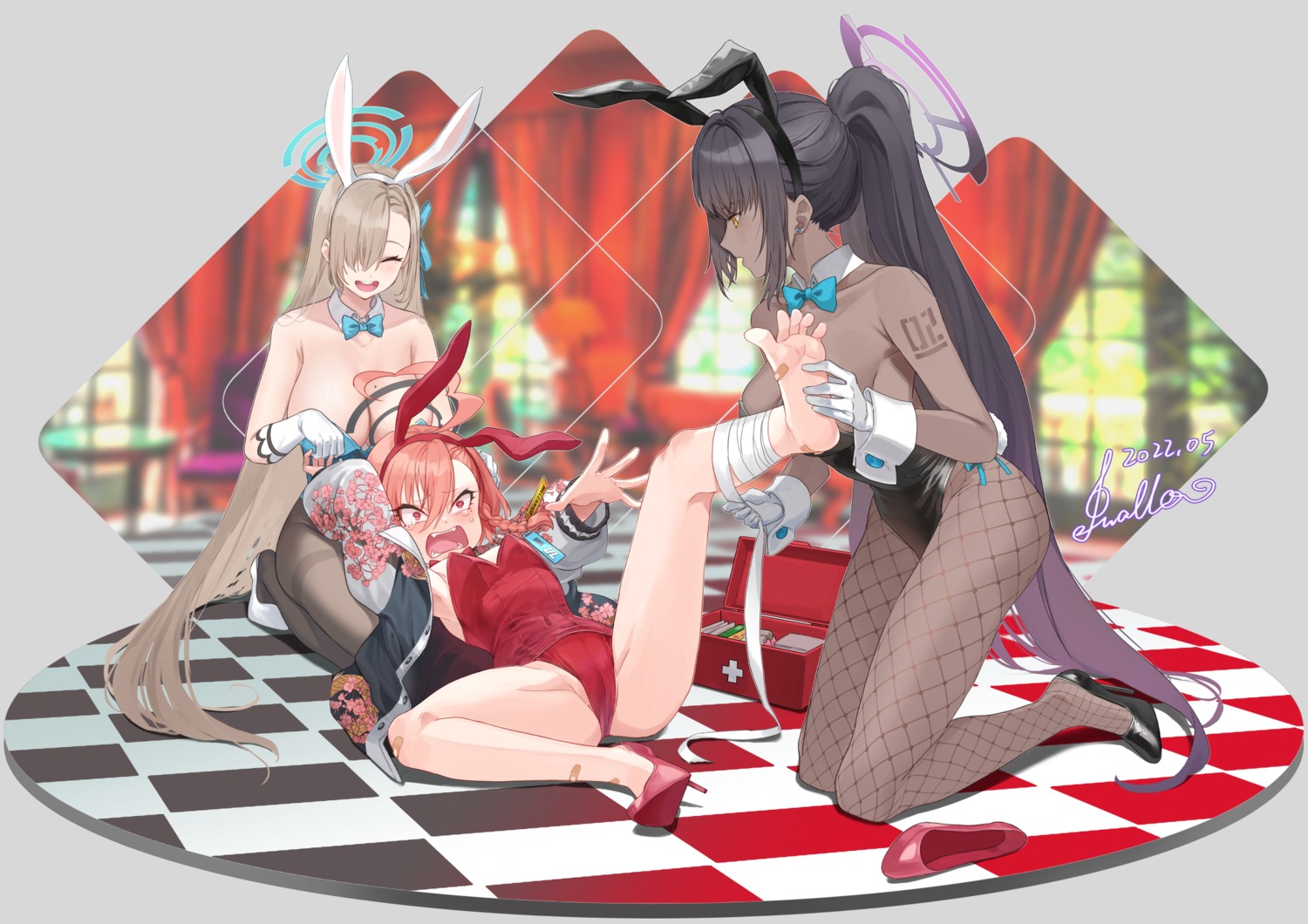 animal_ears bandages bandaid blue_archive bunny_ears bunny_girl cameltoe feet fishnets halo heels ichinose_asuna kakudate_karin mikamo_neru pantyhose swallow165 tattoo yuri