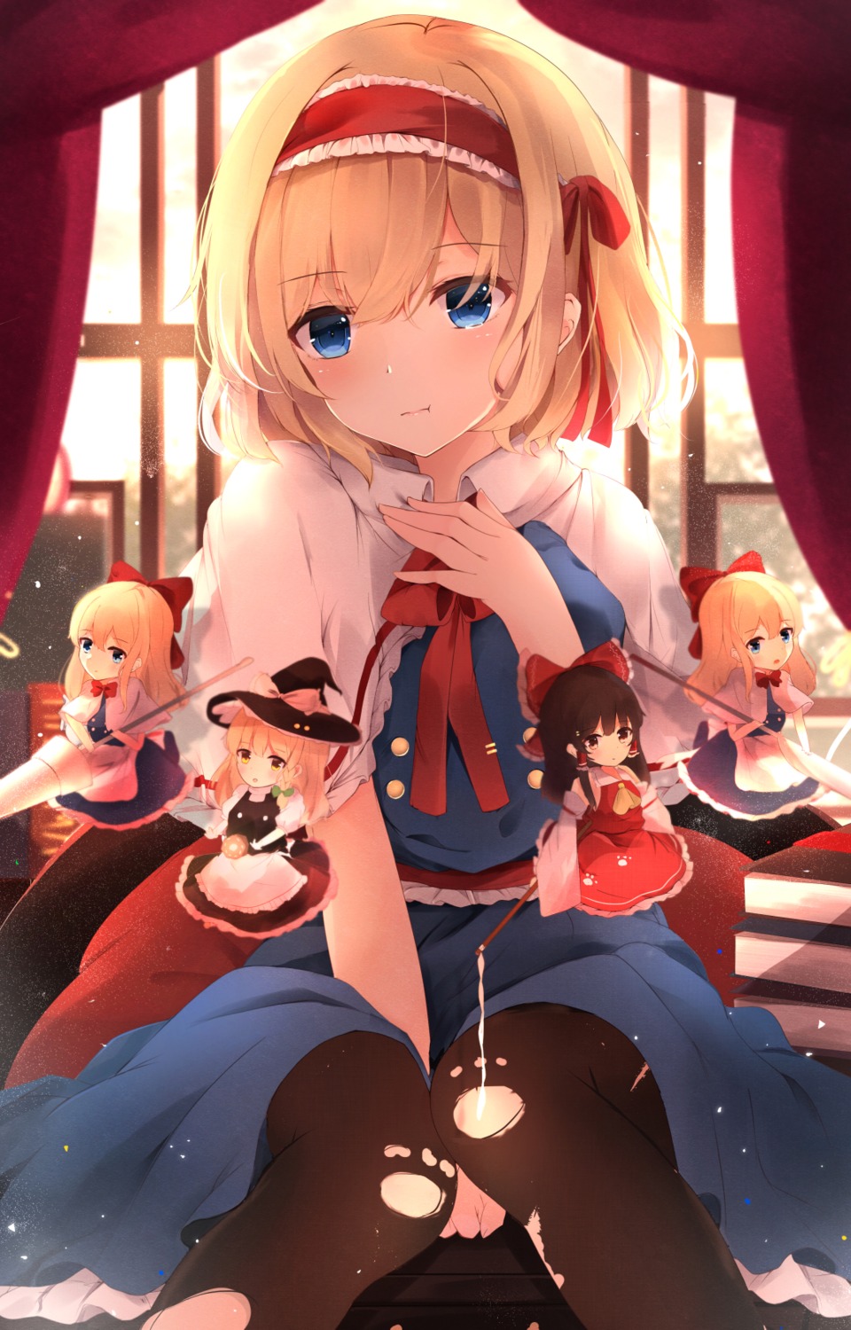 alice_margatroid chibi hakurei_reimu kirisame_marisa pantyhose shanghai_doll shangurira torn_clothes touhou weapon witch