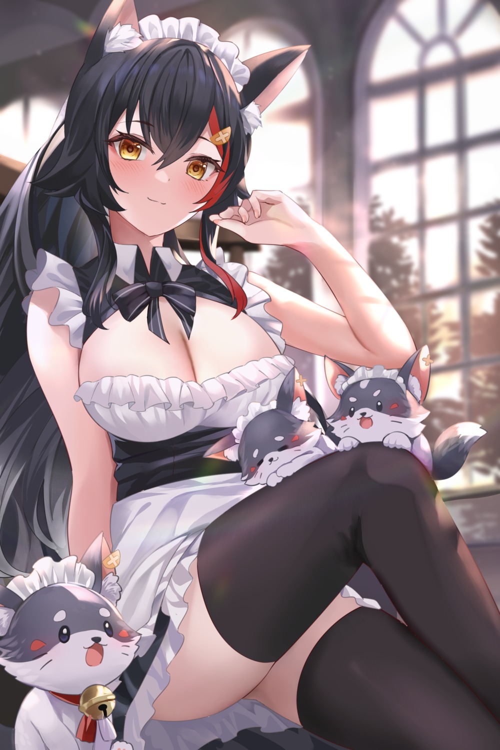 animal_ears hololive hololive_gamers kananote maid no_bra ookami_mio thighhighs