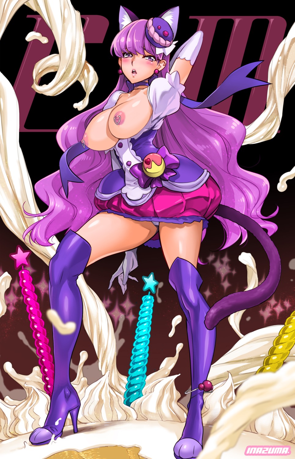 animal_ears breasts heels inazuma nipples no_bra open_shirt pantsu precure tail thighhighs