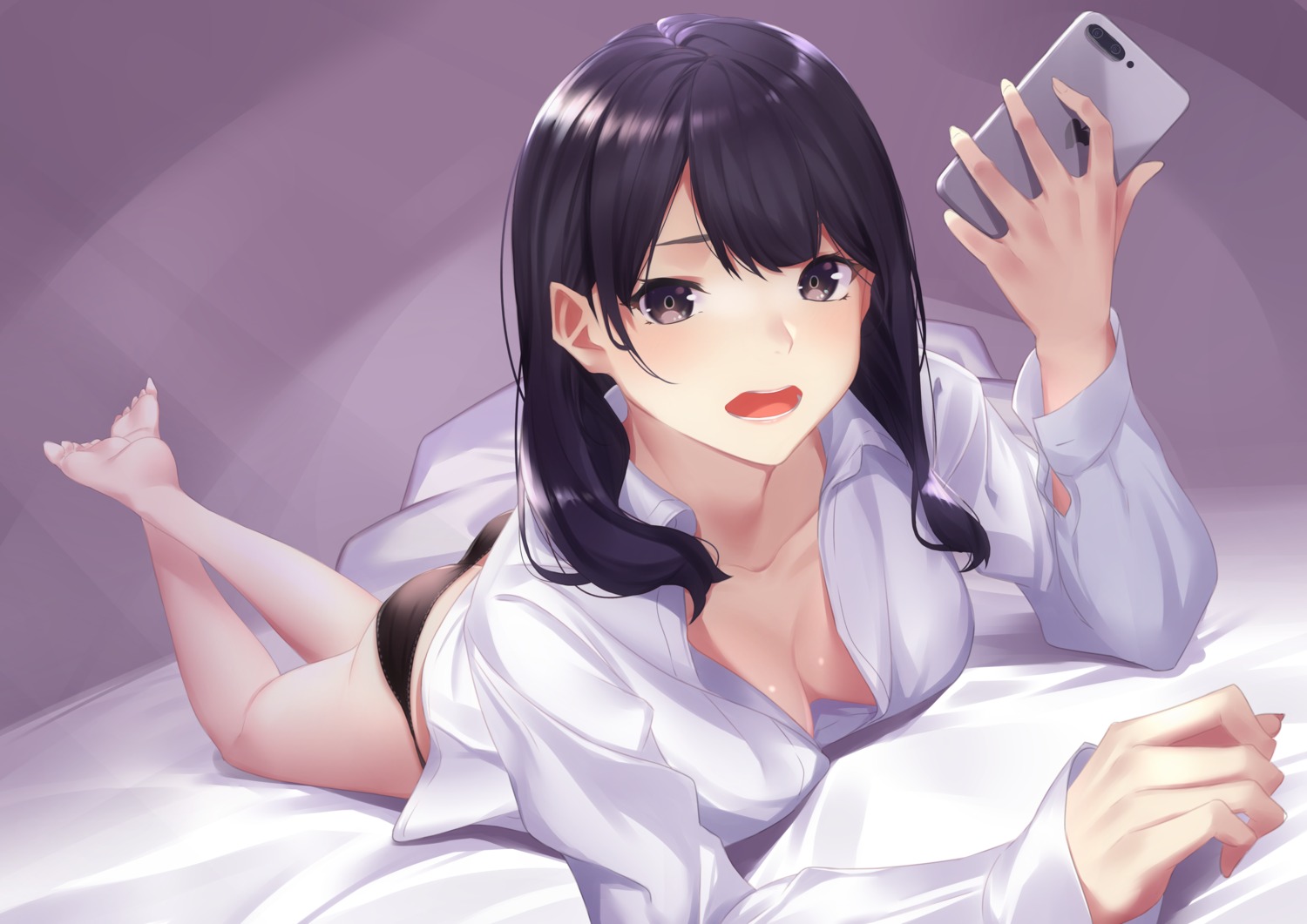 cleavage dress_shirt kuen_(kuennn12) no_bra open_shirt pantsu