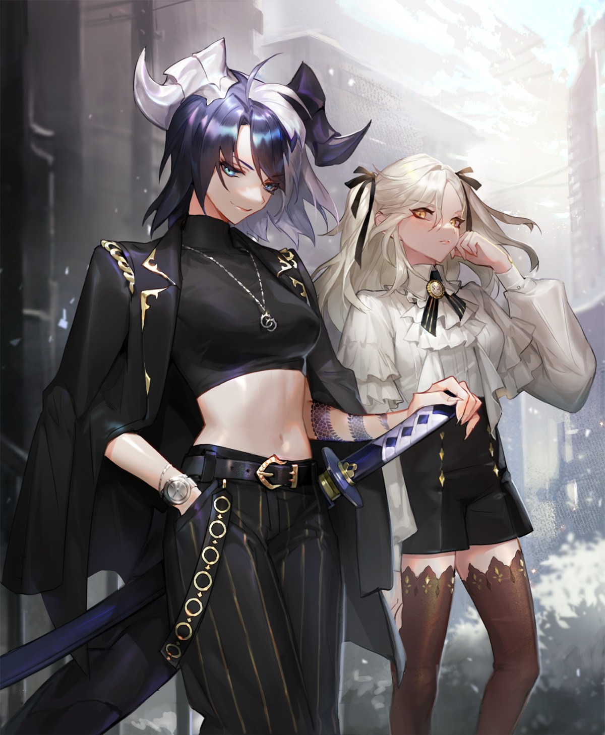 alchemy_stars horns mocca_(mocca_nine) sharona_(alchemy_stars) sword thighhighs