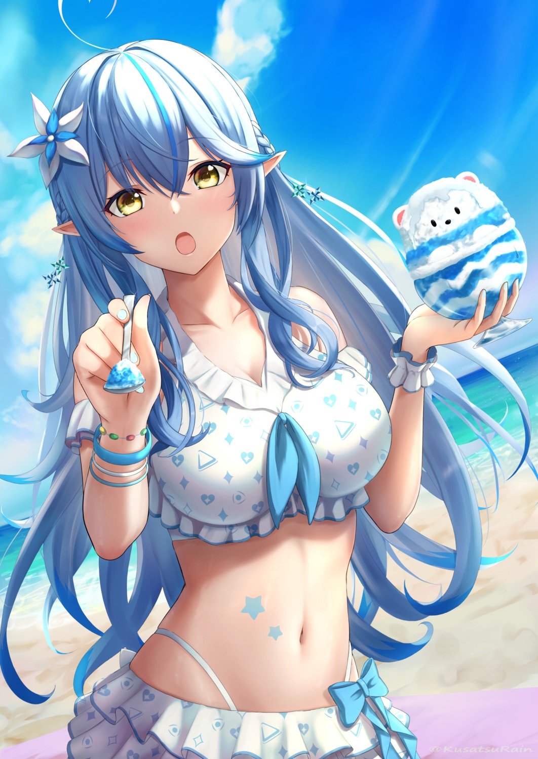 amano_kusatsu bikini daifuku_(yukihana_lamy) elf hololive pointy_ears swimsuits yukihana_lamy