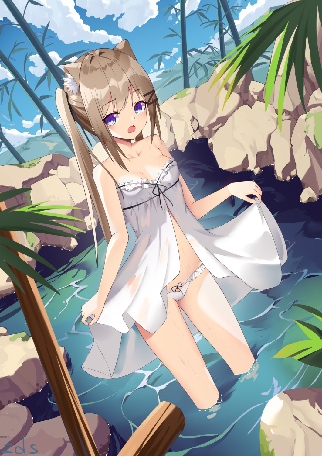 animal_ears nekomimi no_bra pantsu sakutaishi see_through skirt_lift wet wet_clothes