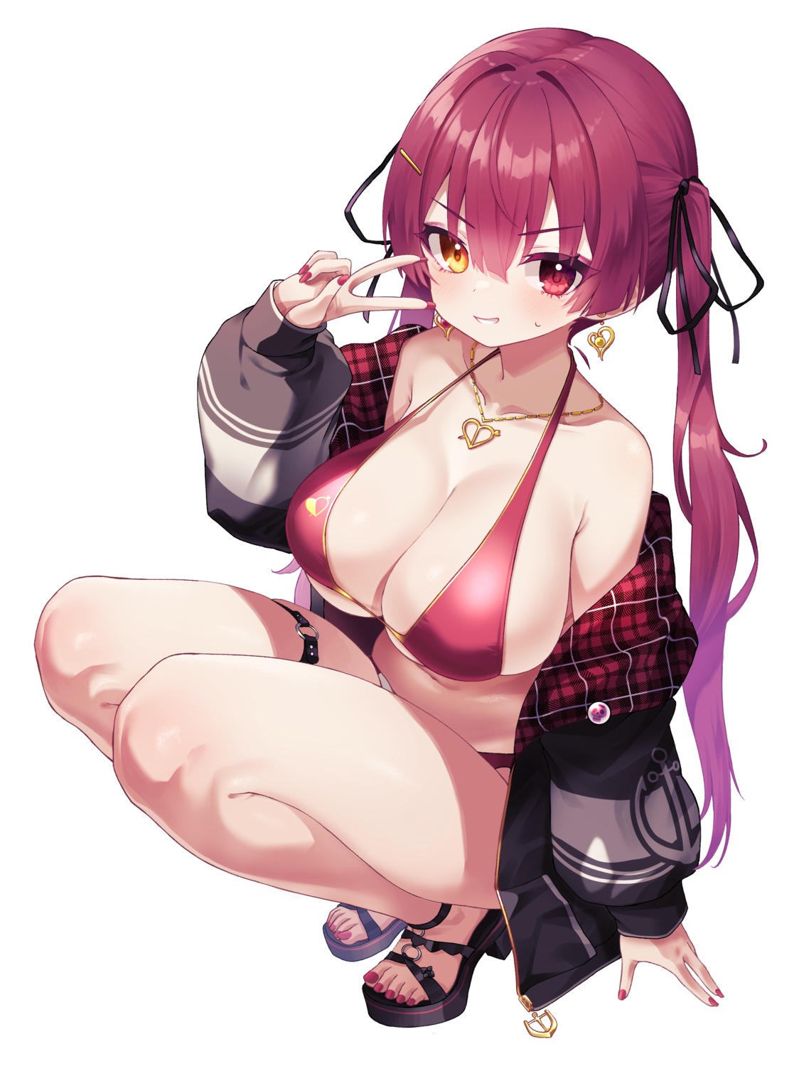 bikini garter gyoza_(pixiv17855879) heterochromia hololive houshou_marine open_shirt swimsuits